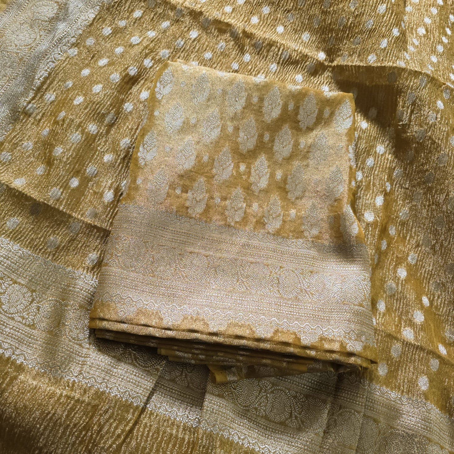 Yellow tissue suit, hand crushed dupatta , plain solid color bottom