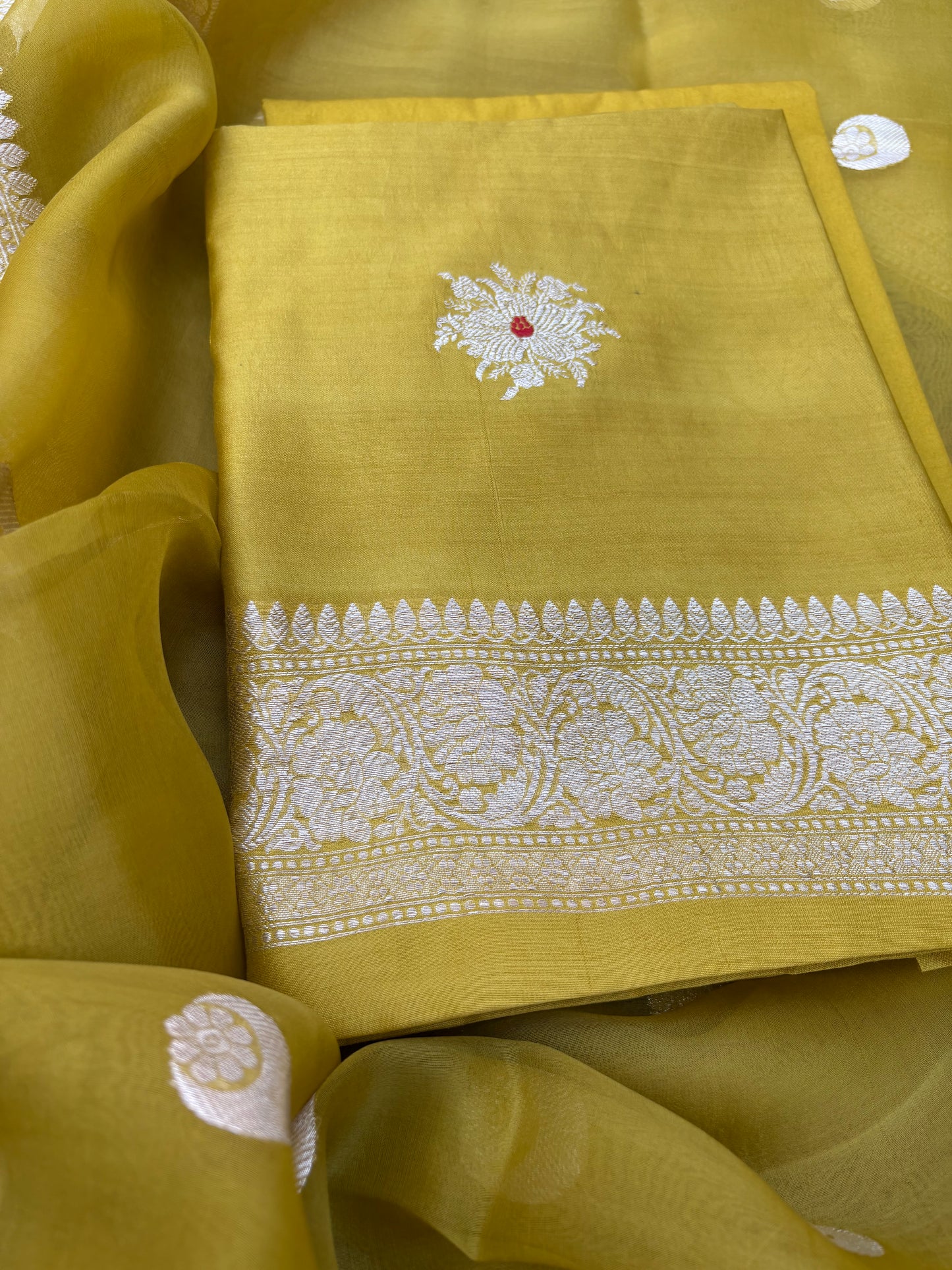 Green Chiniya kora silver zari 3 piece suit set