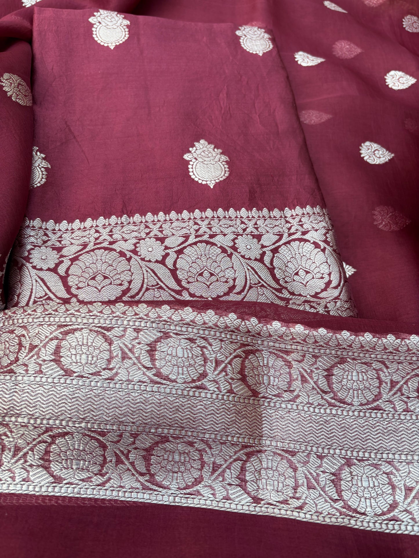 Maroon Chiniya kora silk kadhwa silver zari suit set