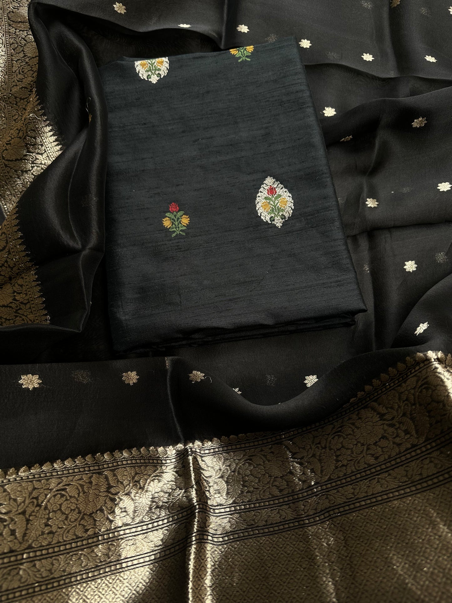 Black raw silk meenadar kurta, kora silk dupatta, plain bottom