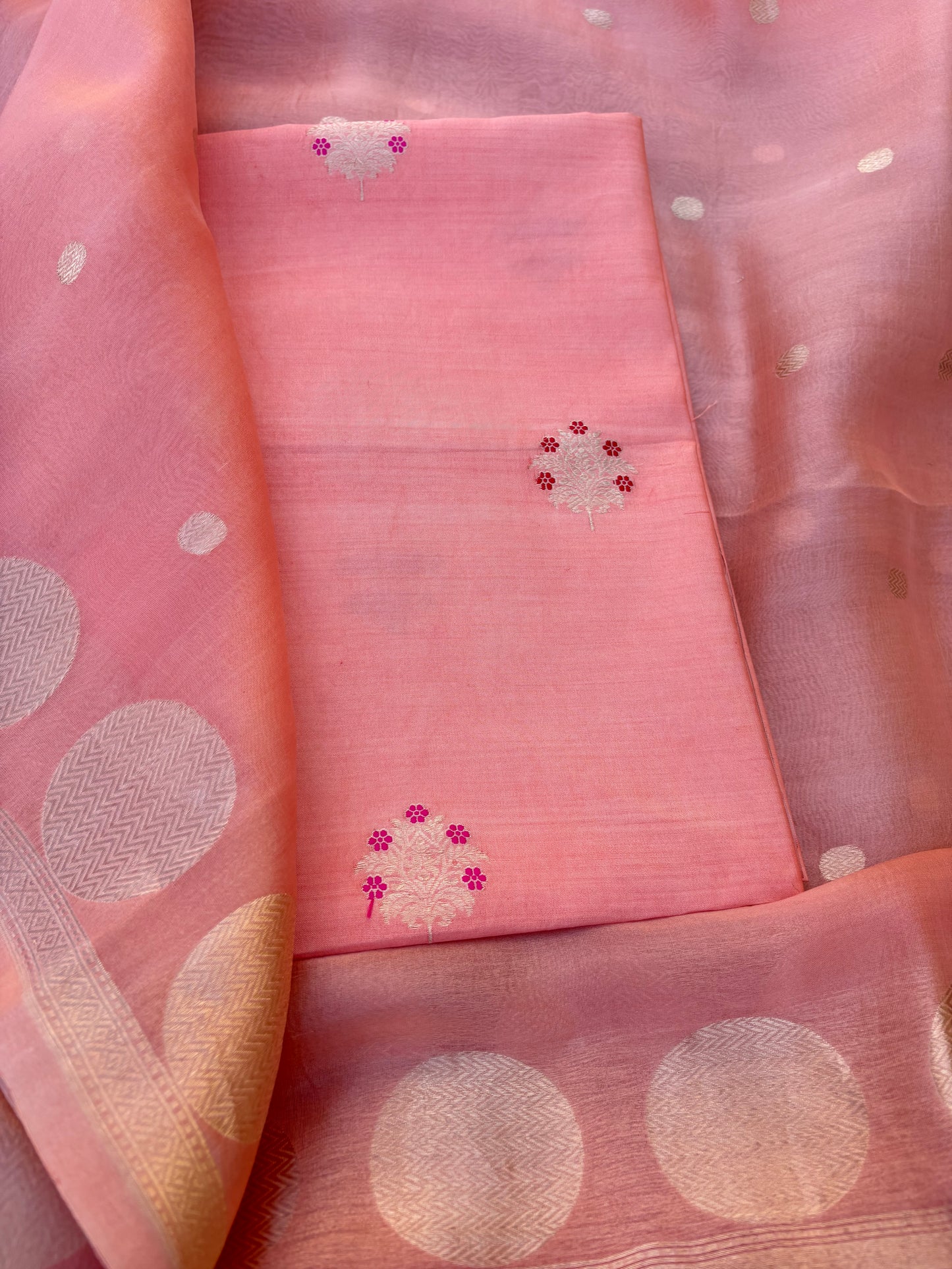Peach meenadar kurta, plain bottom, kora silk dupatta
