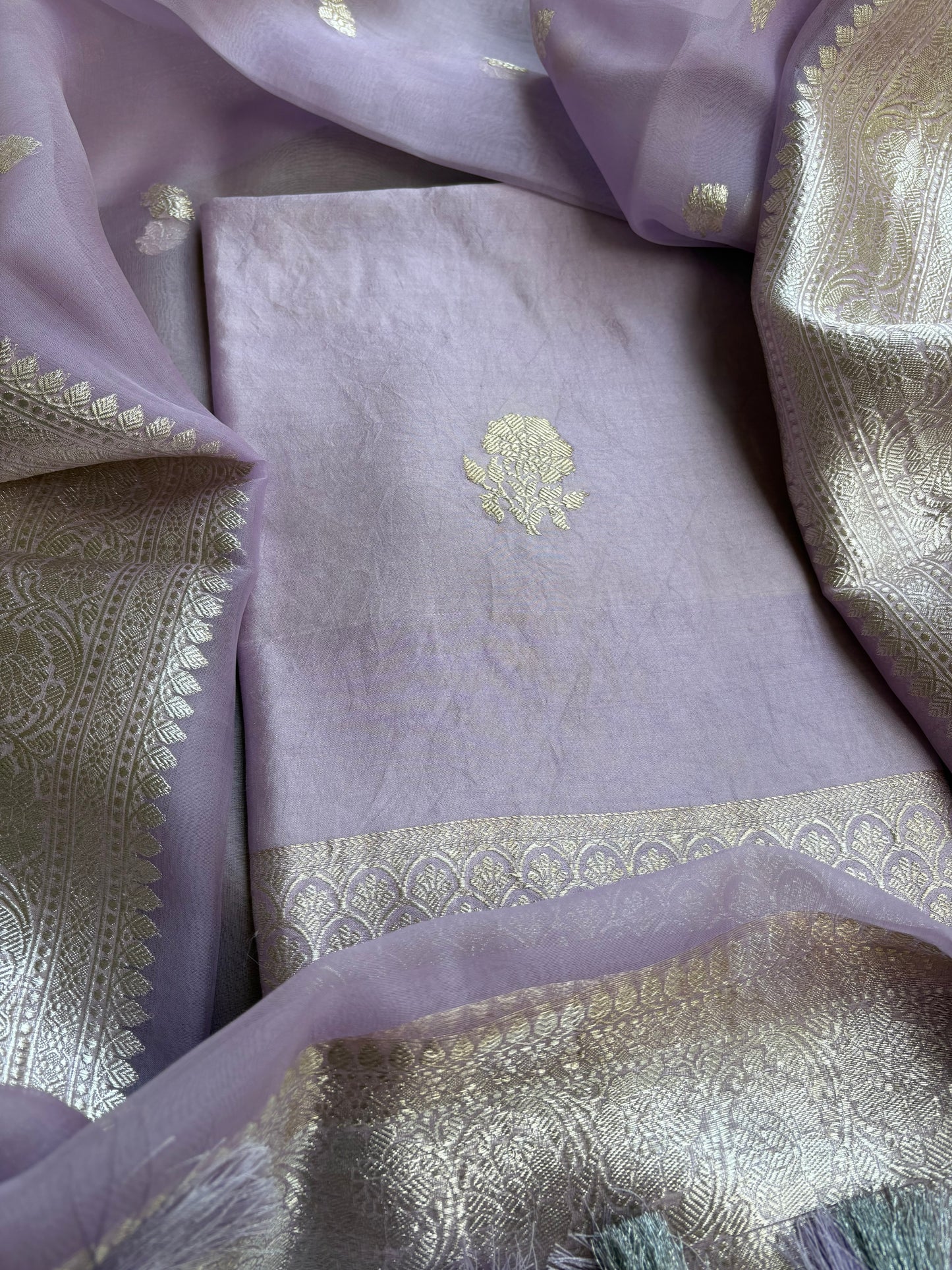 Lavender pure silver zari kurta, kora dupatta,plain bottom.