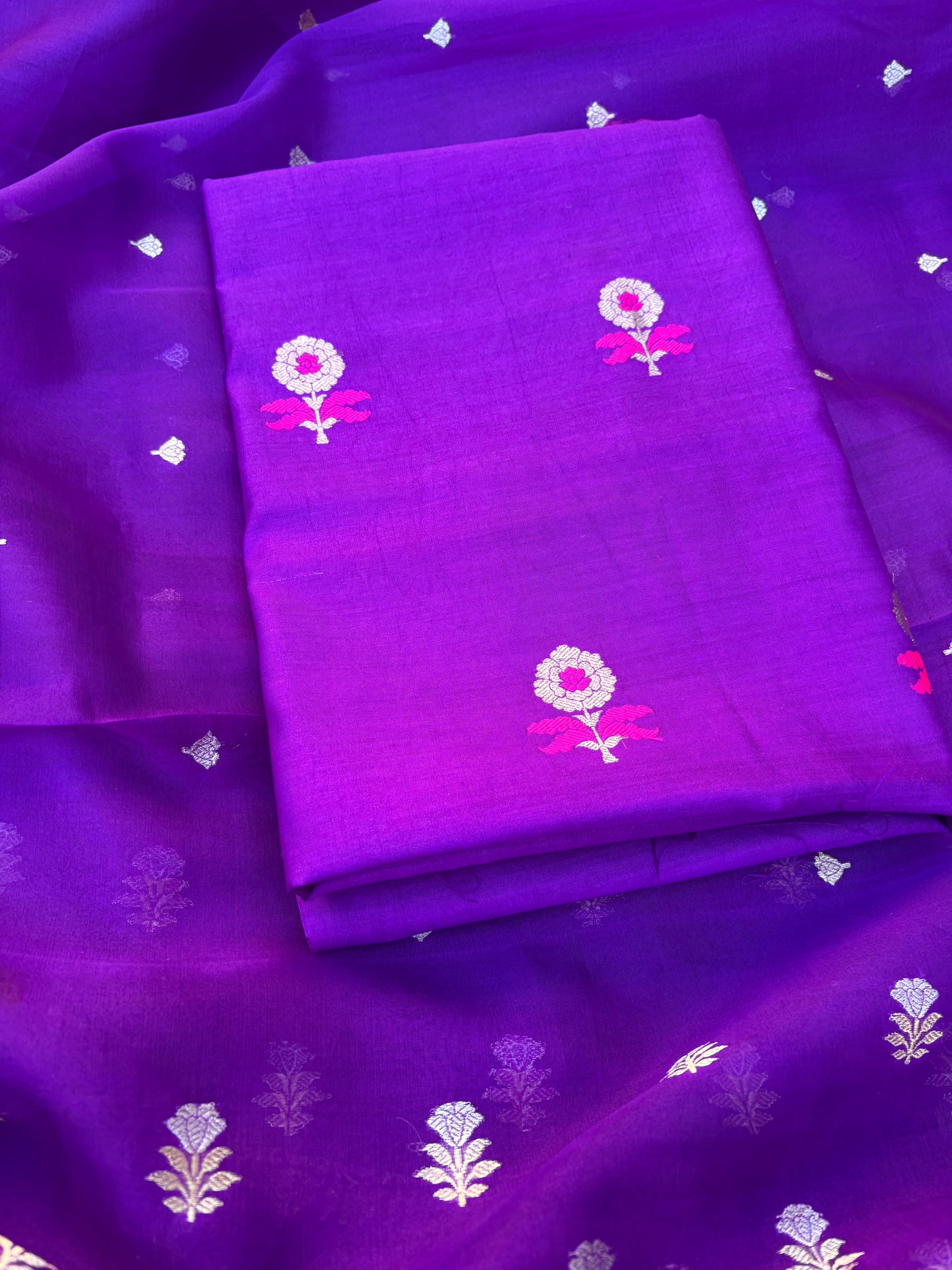 Purple meenadar Chiniya silk kurta, kora silk dupatta, plain bottom