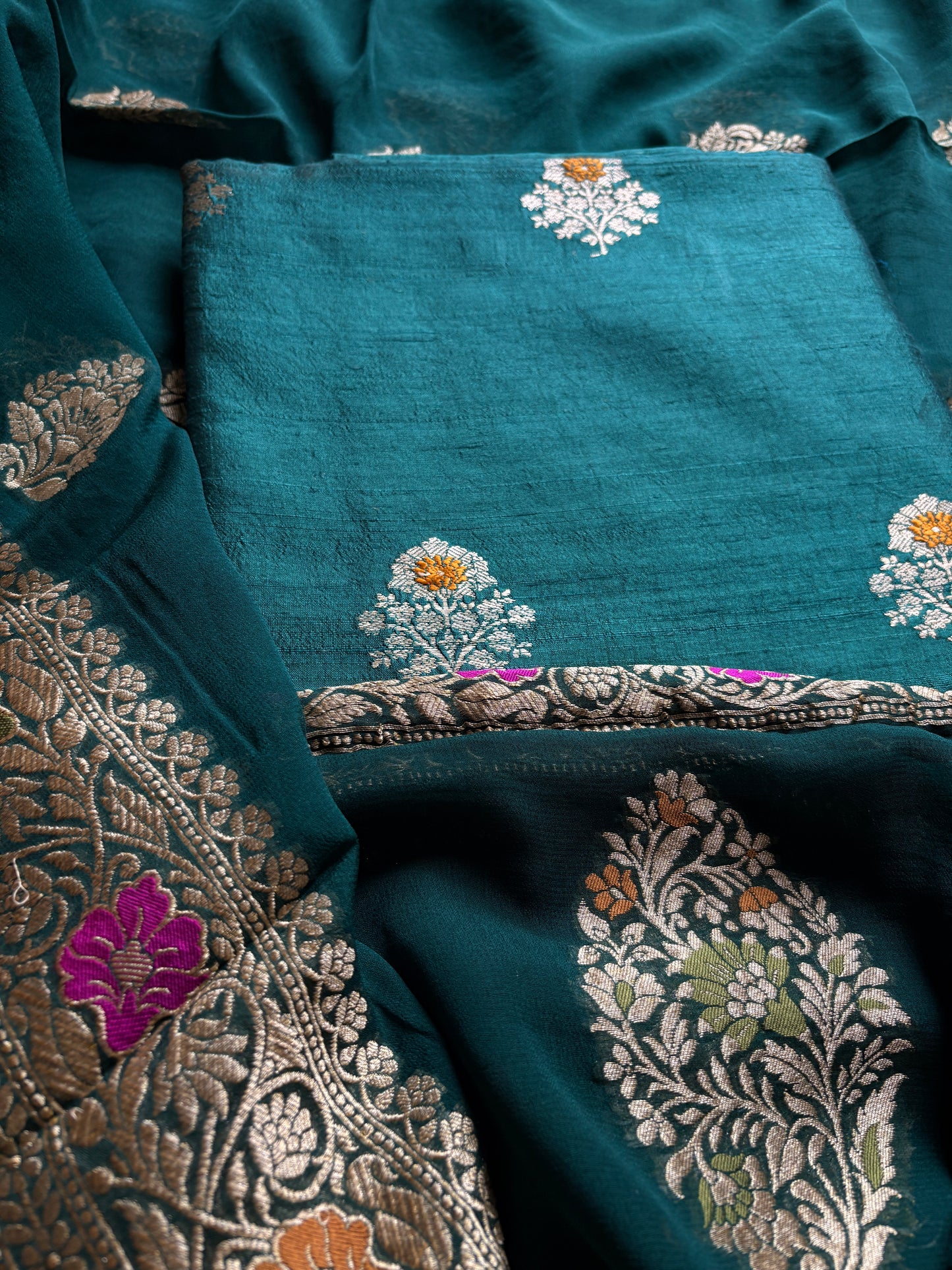 Green raw silk meenadar Kurta, bottom , Khaddi georgette dupatta
