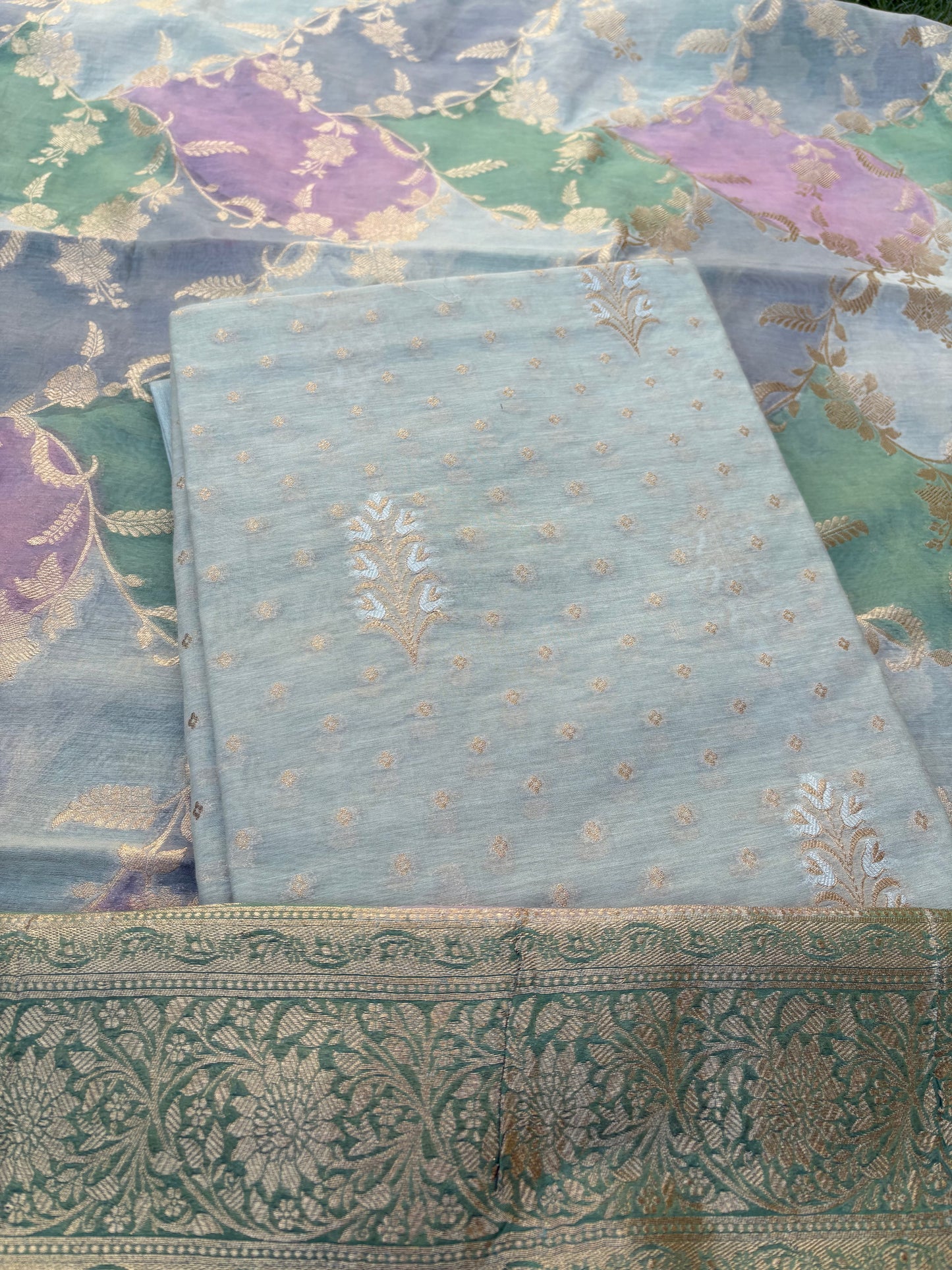 Turq Chanderi kurta, rangkat dupatta , plain bottom