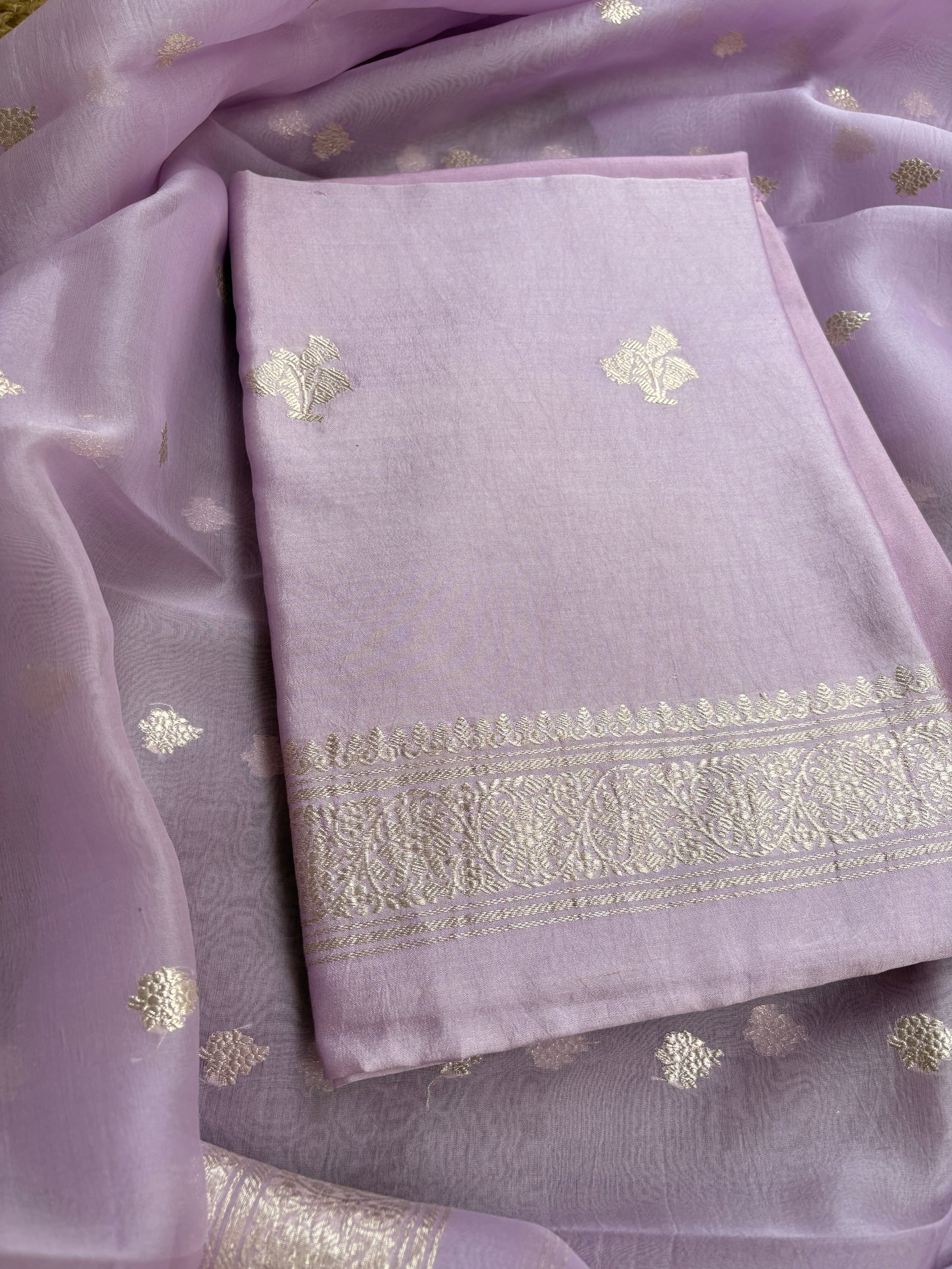 Lavender Chiniya silk silver zari 3 piece suit set