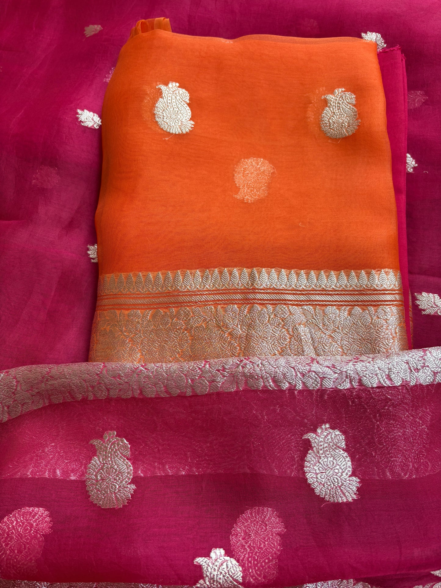 Orange pink kora kadhwa silver zari suit set