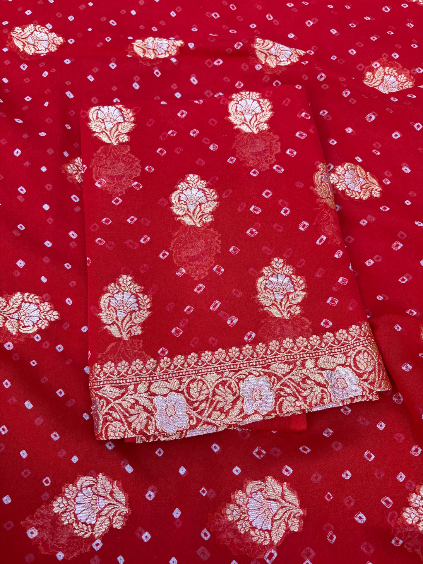 Red Khaddi georgette kadhwa bandhani 3 piece suit set
