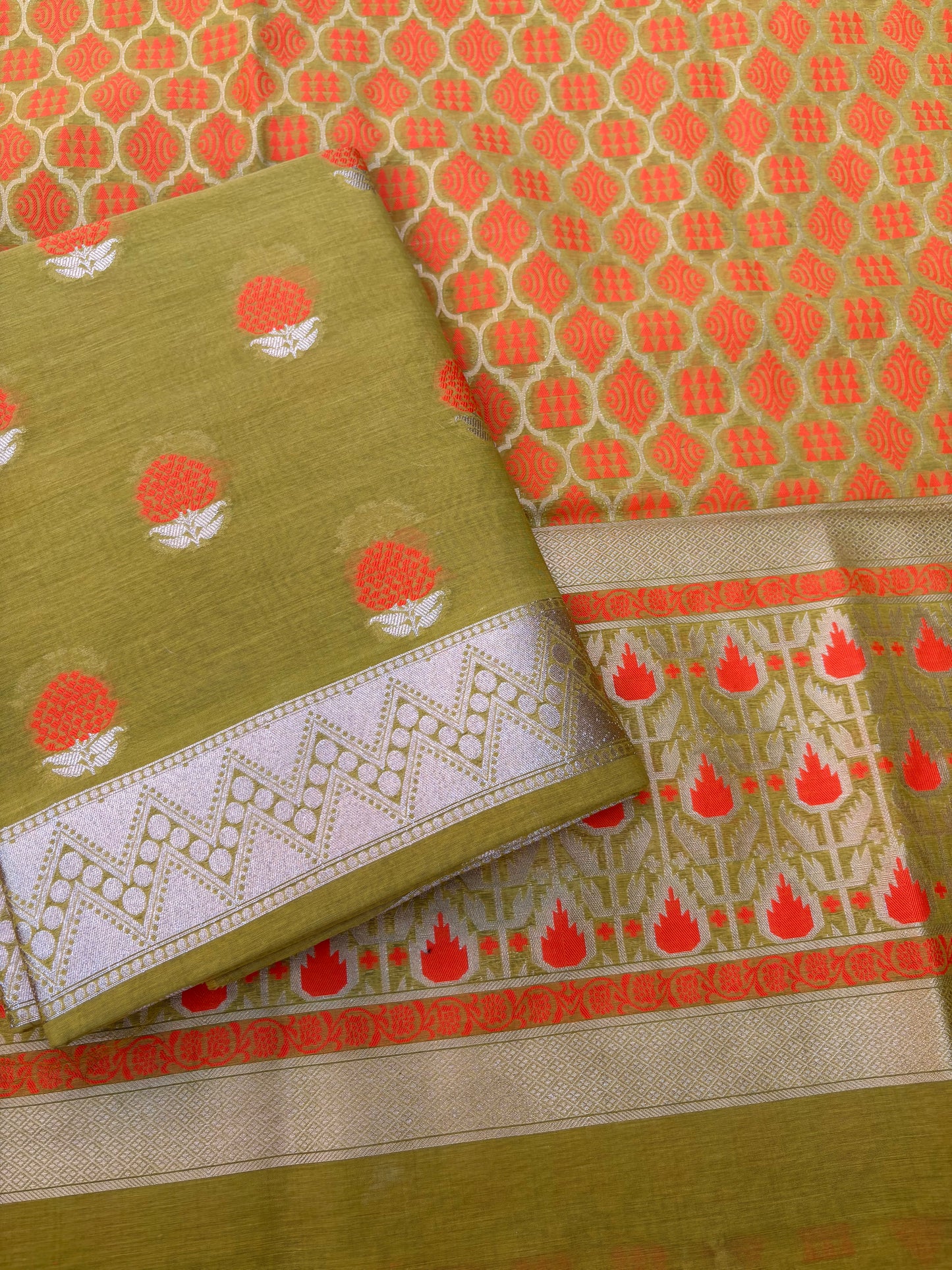 Lime green orange Meenakari 3 piece suit set