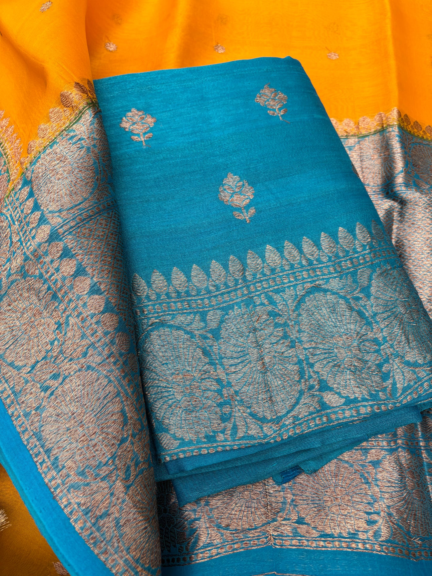 Blue tussar silk kurta, kora silk blue border dupatta, plain silk bottom