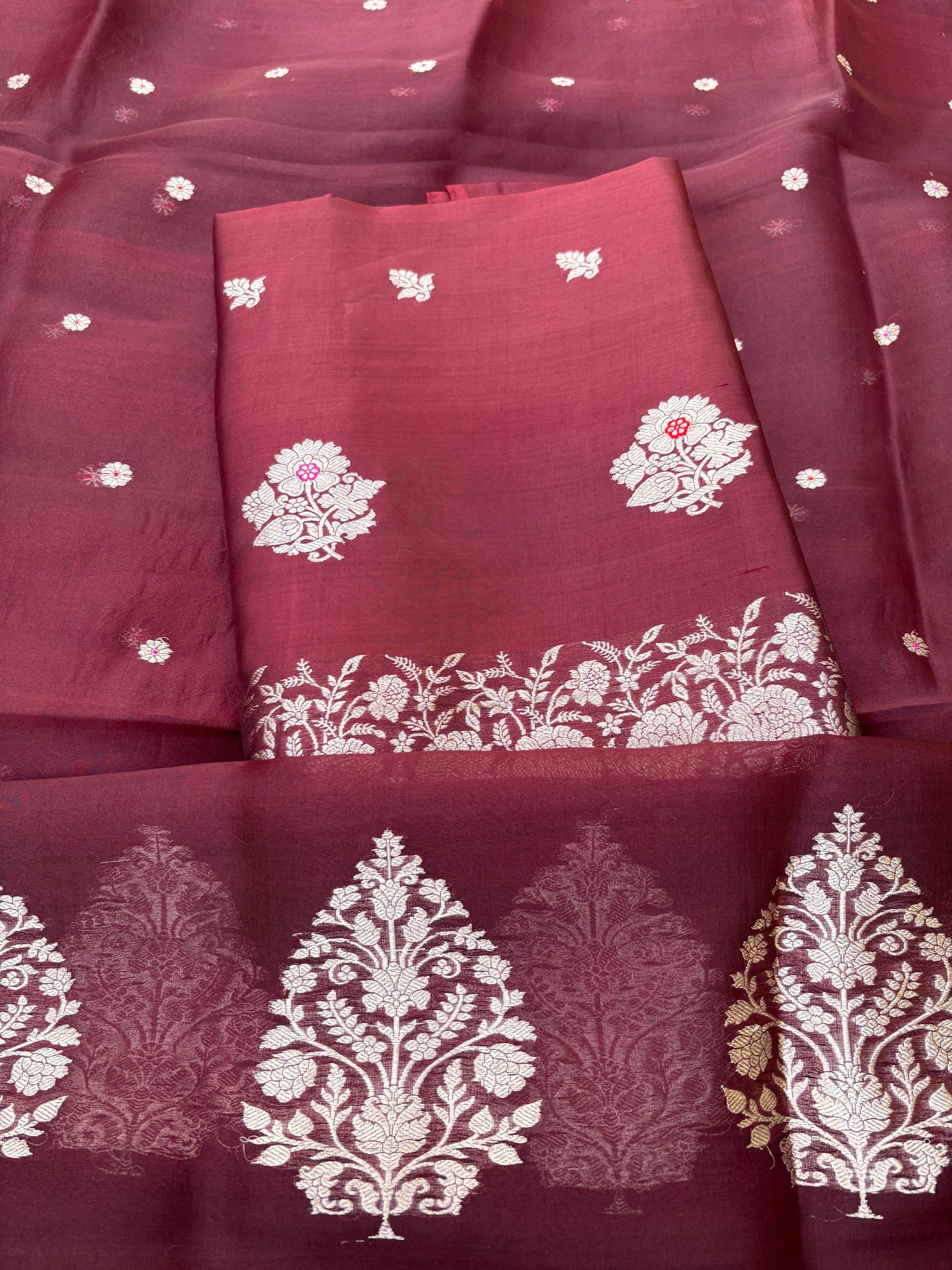 Wine maroon raw mango silk kurta, bottom , kora silk dupatta