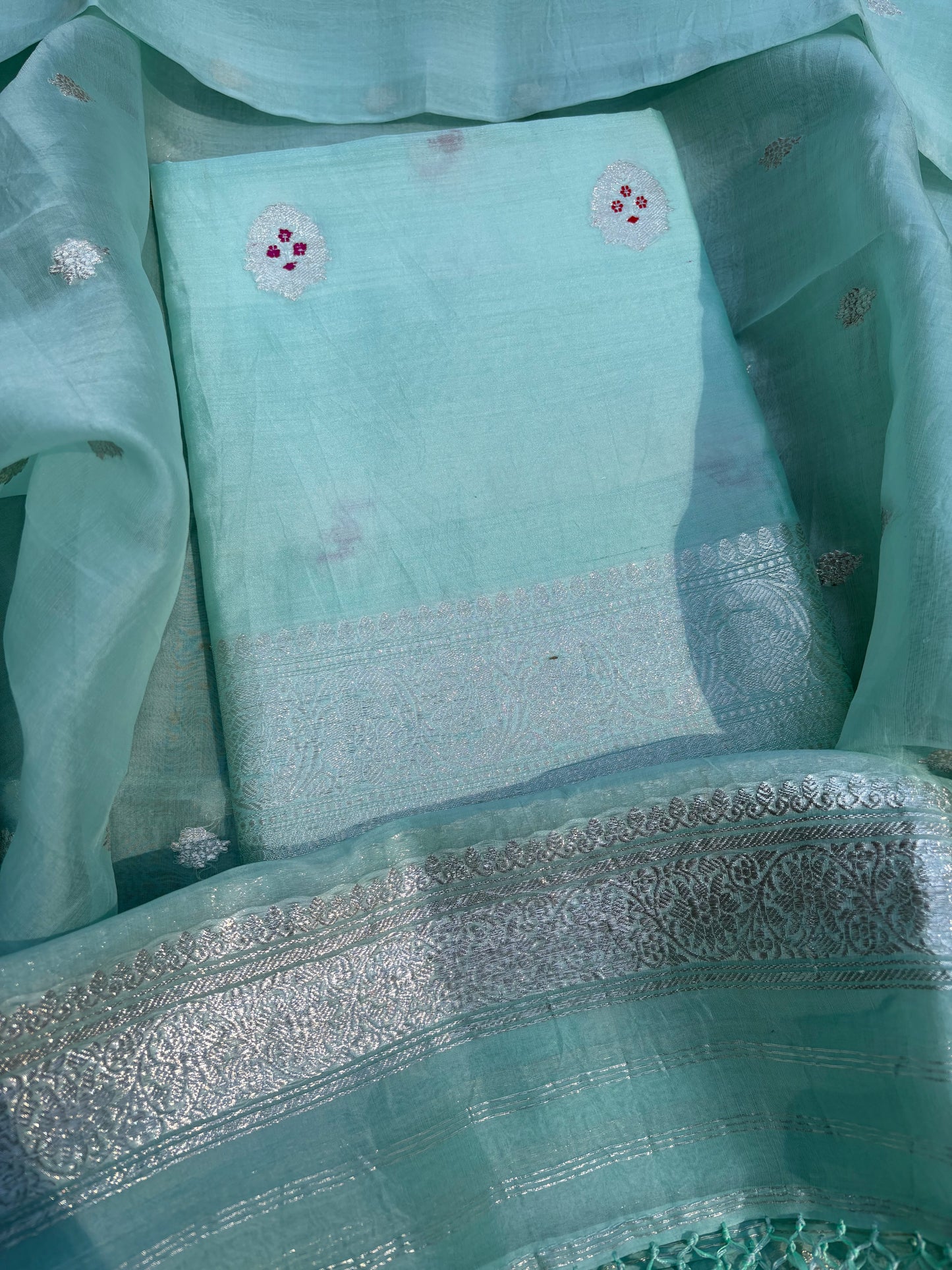 Turq silver zari meenadar kurta, kora silk dupatta, plain bottom
