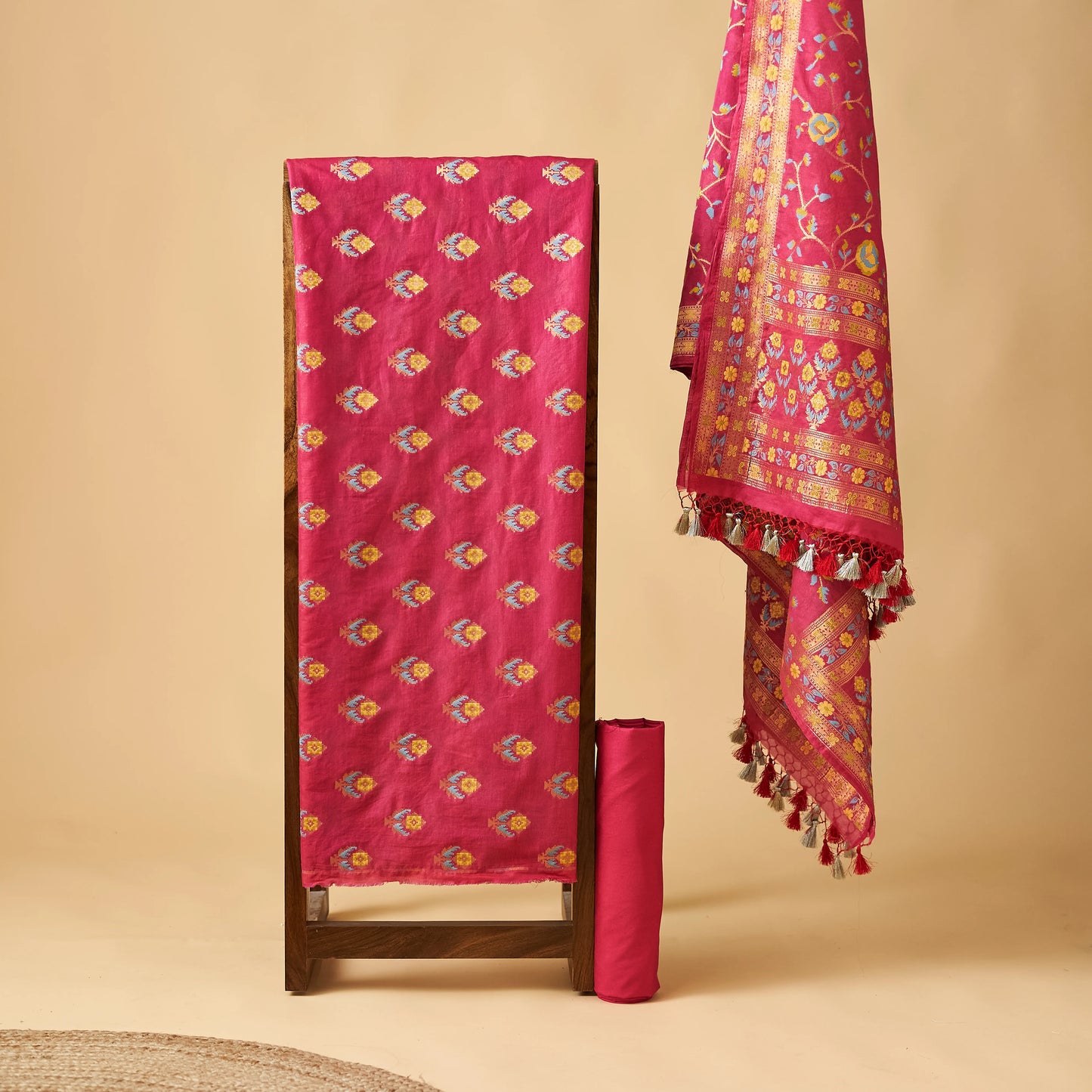 Red Chanderi cotton jaal suit set