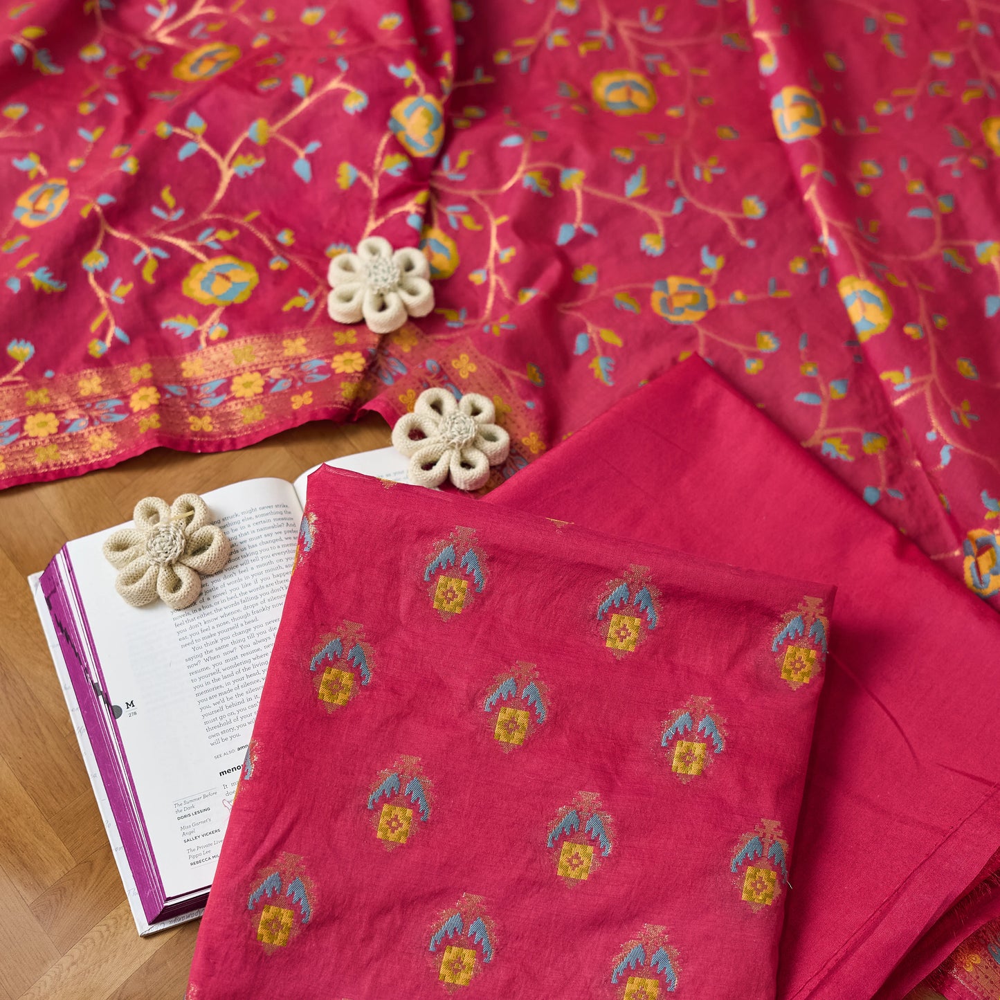 Red Chanderi cotton jaal suit set