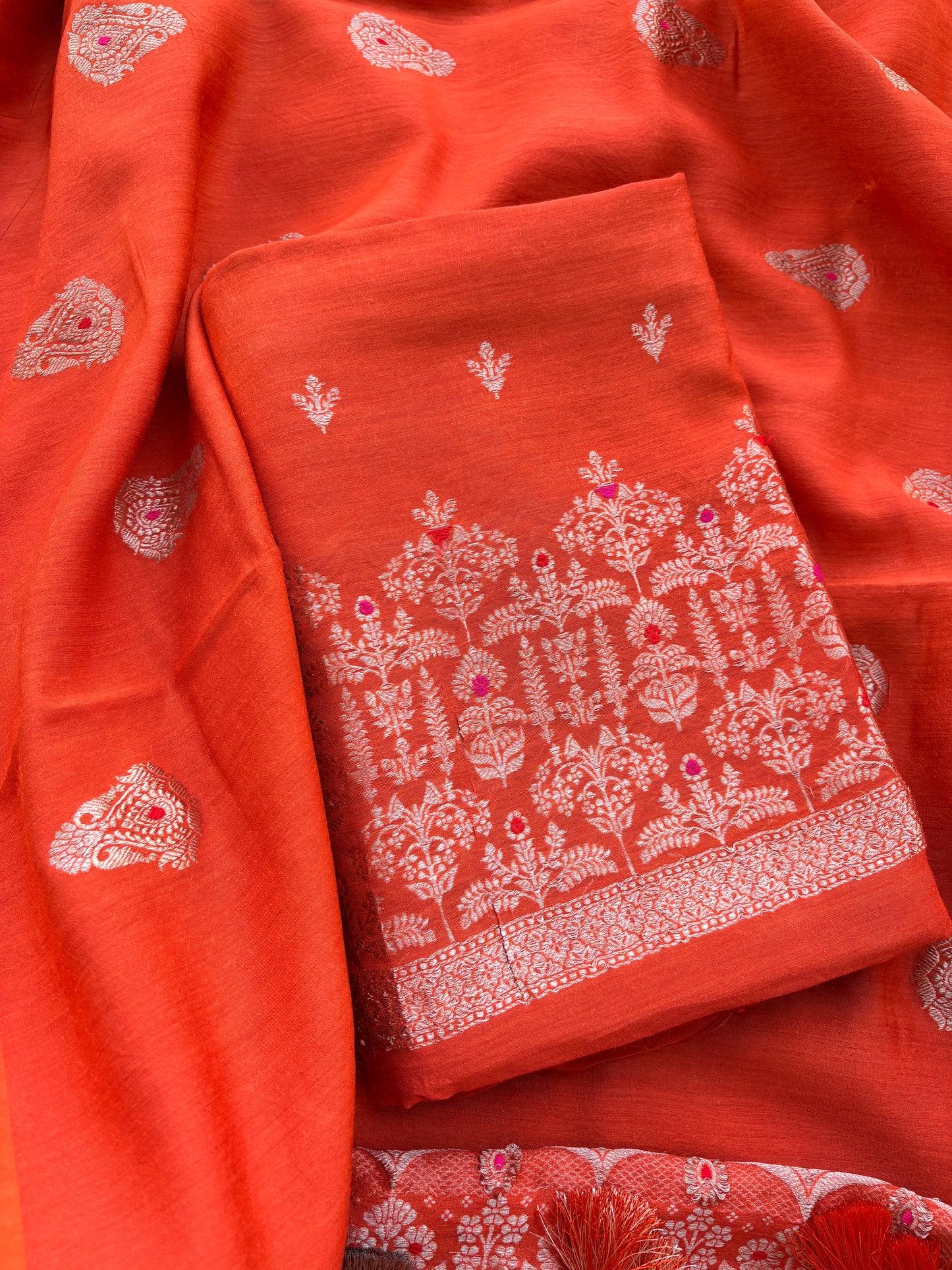 Orange moonga silk suit set kadhwa weave