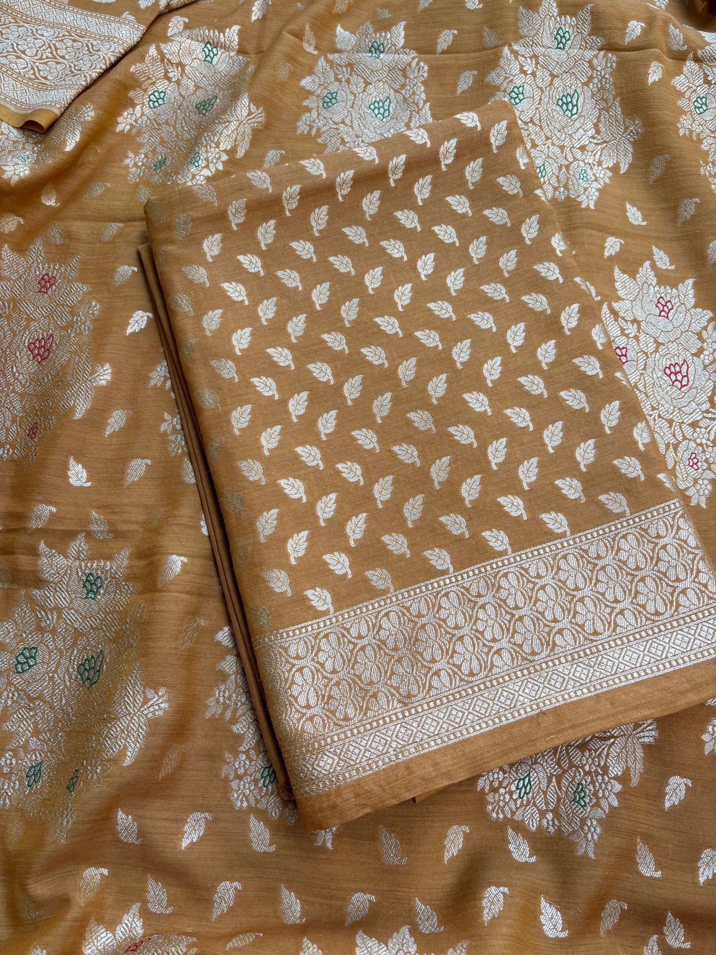 Mustard moonga silk kurta, meenadar Jaal dupatta, plain bottom
