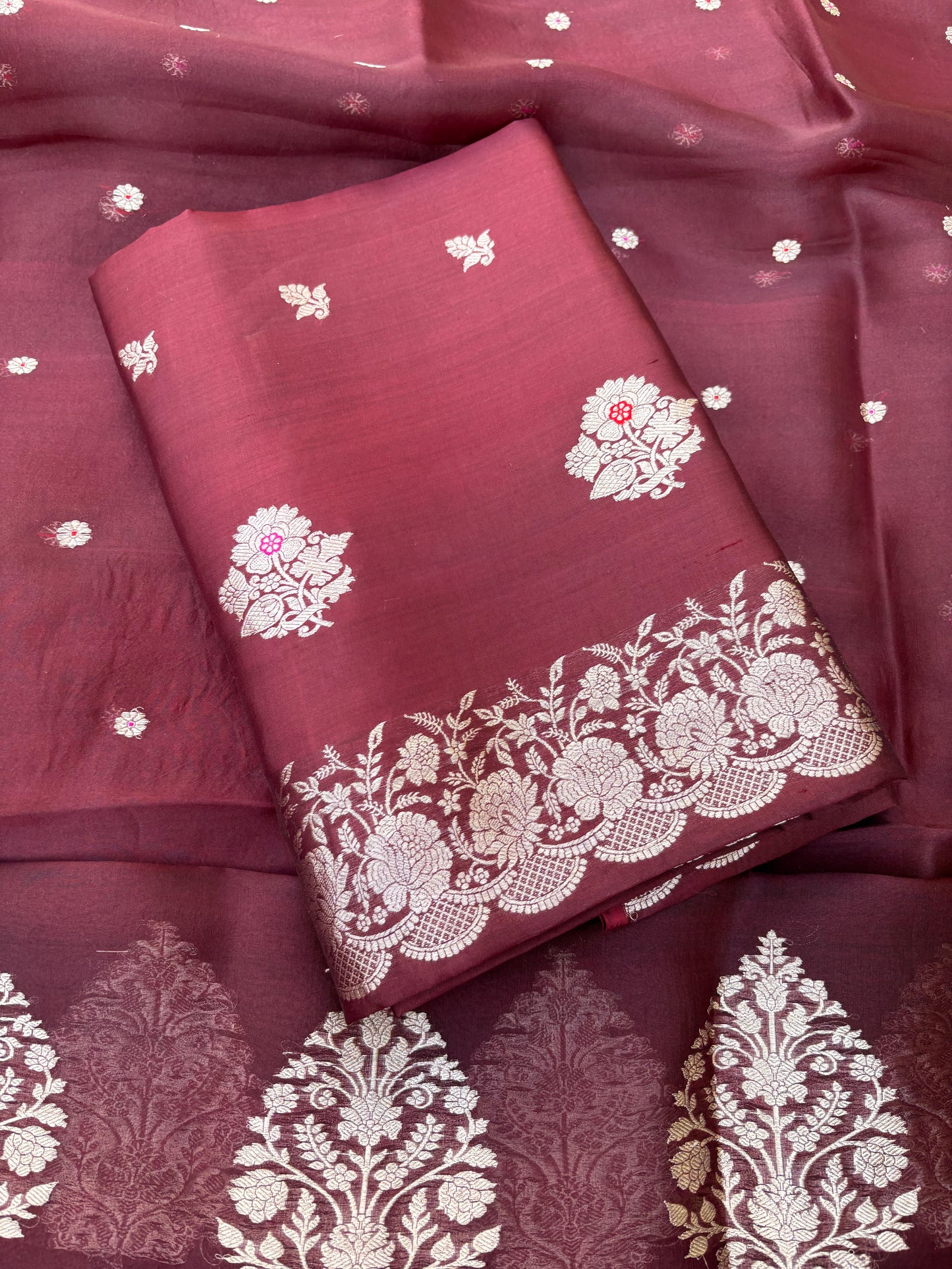 Wine maroon raw mango silk kurta, bottom , kora silk dupatta