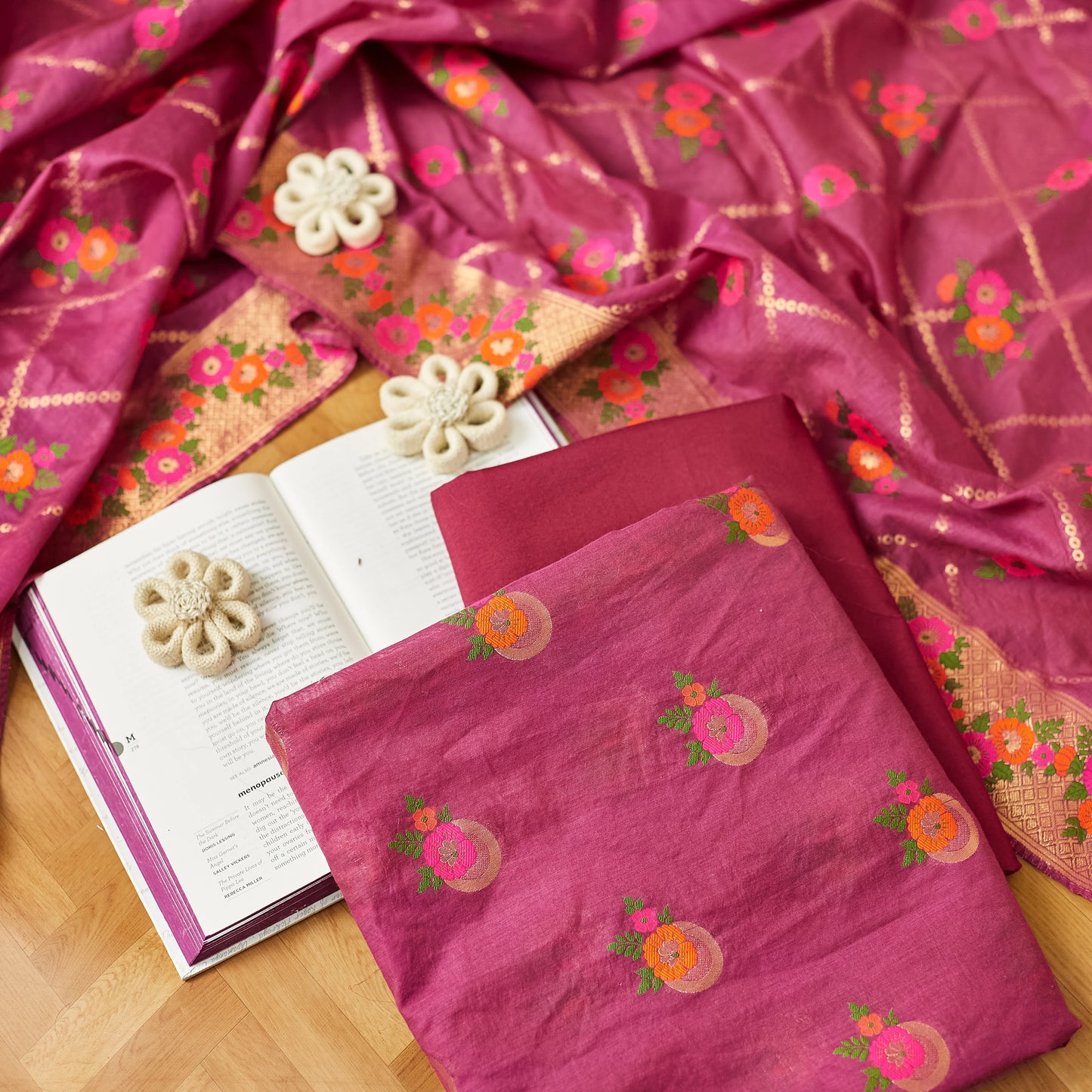 Magenta Flower weaving chanderi 3 piece set
