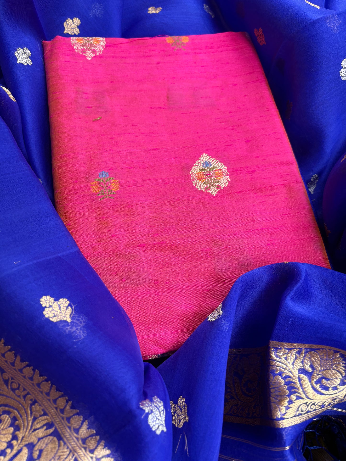 Pure raw silk kadhwa kurta, bottom and kora silk dupatta