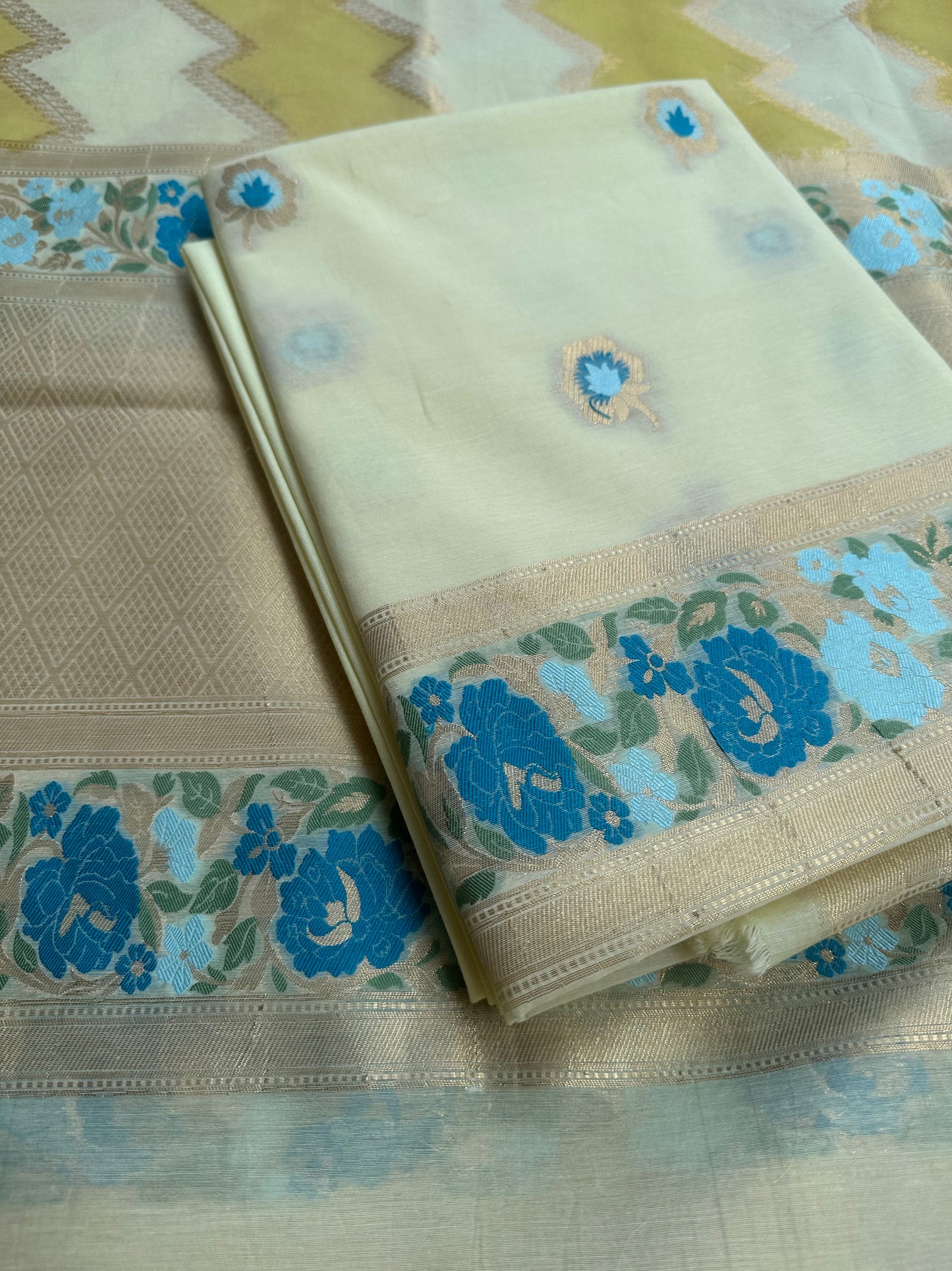 Lime yellow chanderi exclusive weaving 3 piece set