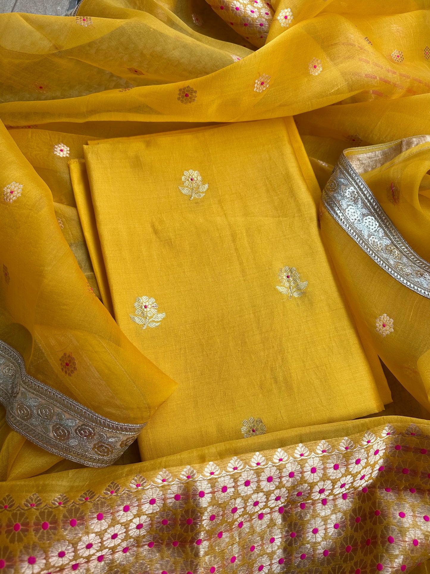 Yellow chiniya silk kurta with handwork dupatta, plain bottom