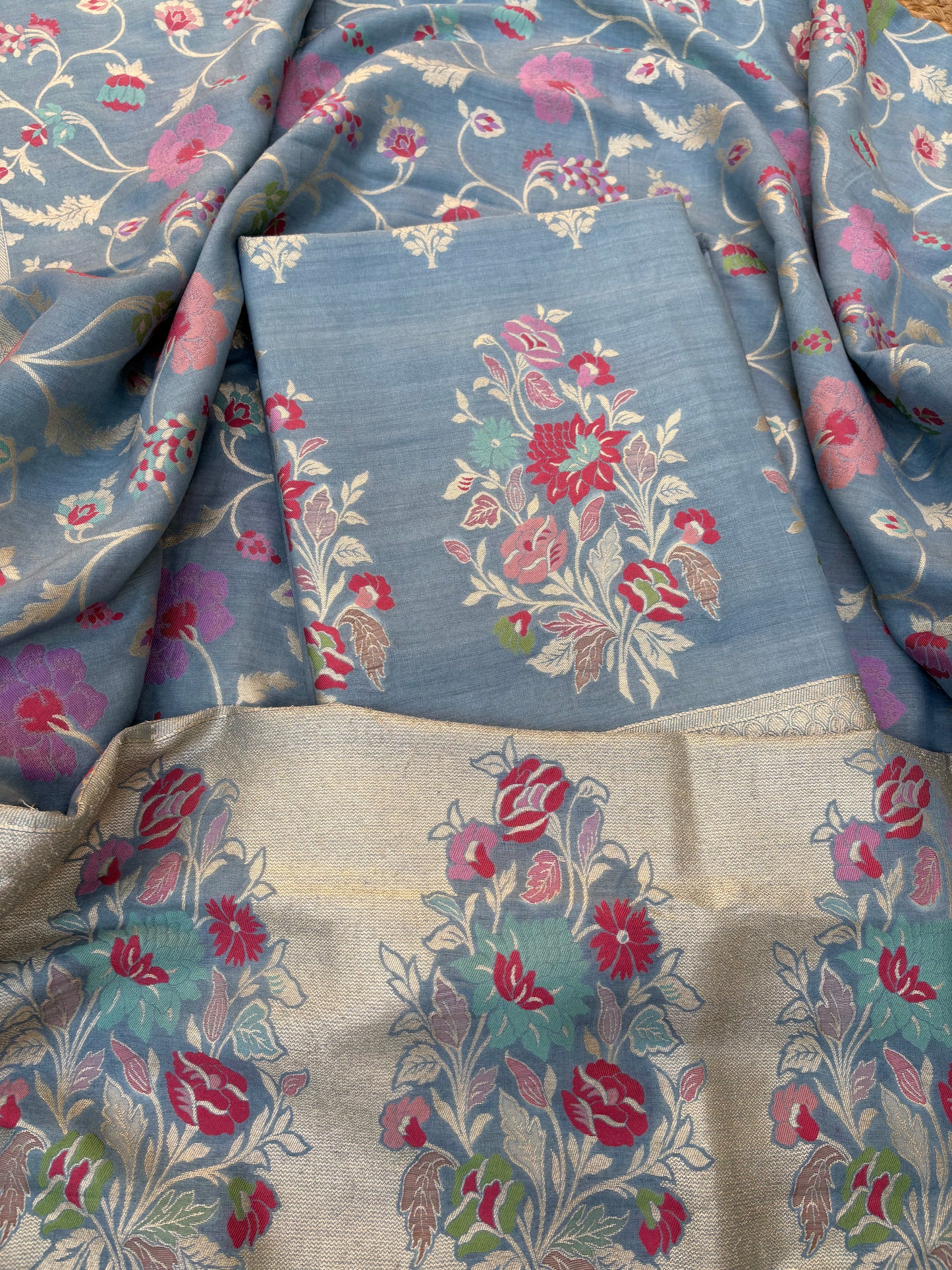 Blue meenadar tilfi weaving moonga silk 3 piece suit set