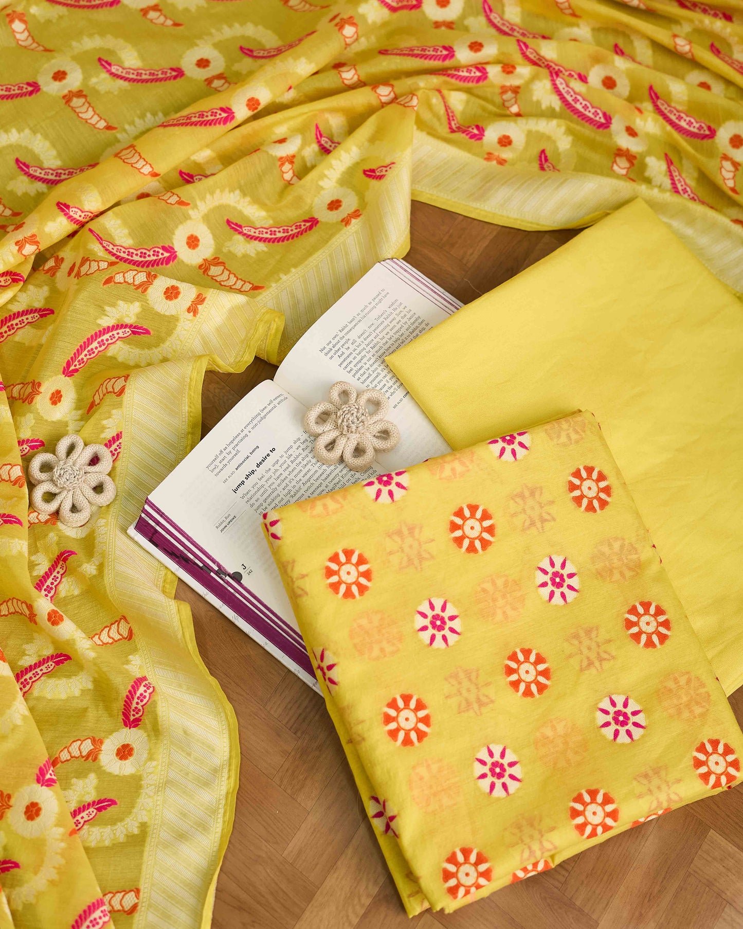 Yellow meenadar kurta, jaal dupatta, plain bottom