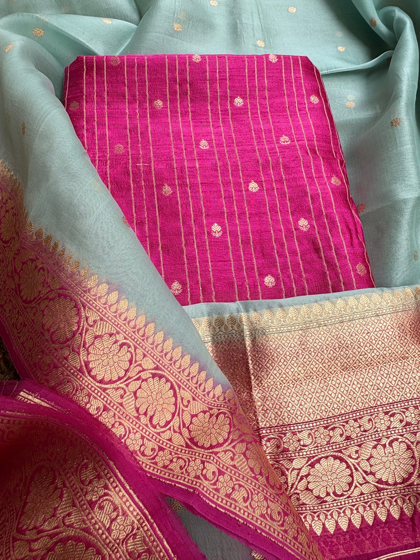 Pink raw silk kurta, bottom , kora shaded dupatta