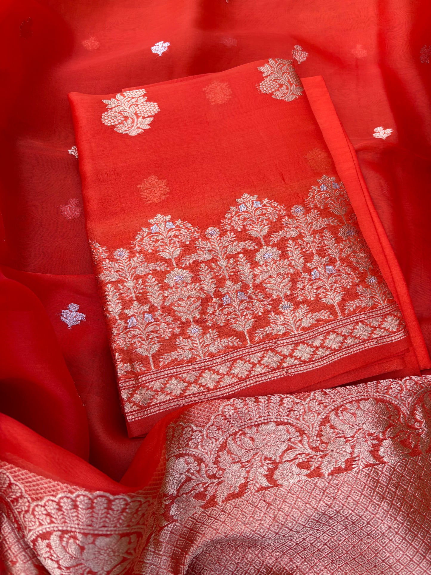Orange kora kadhwa silk suit set