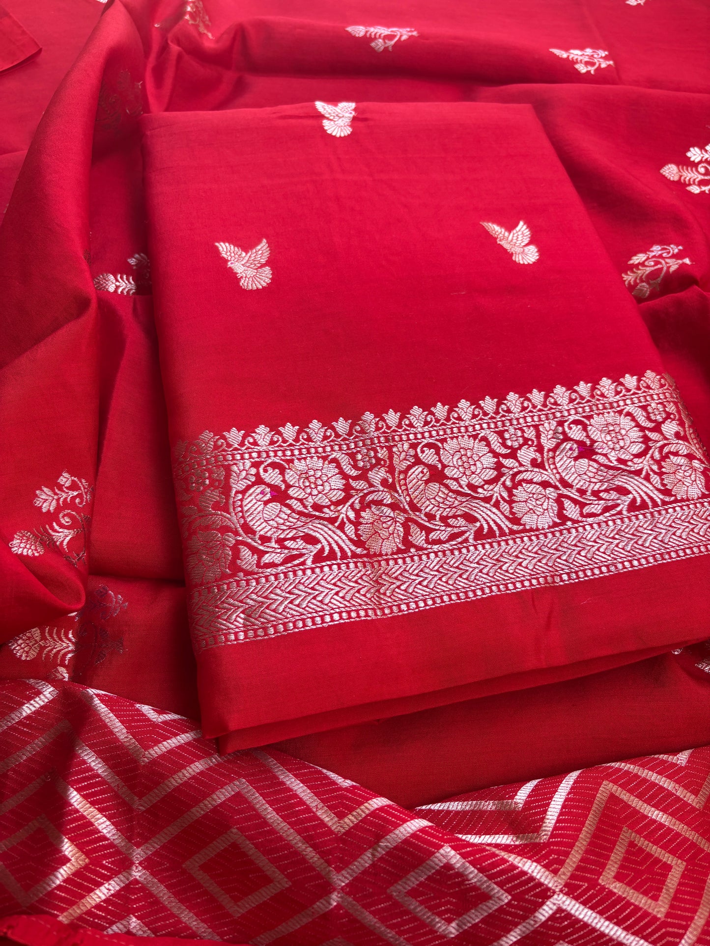 Red Chiniya silk 3 piece bird motif suit set