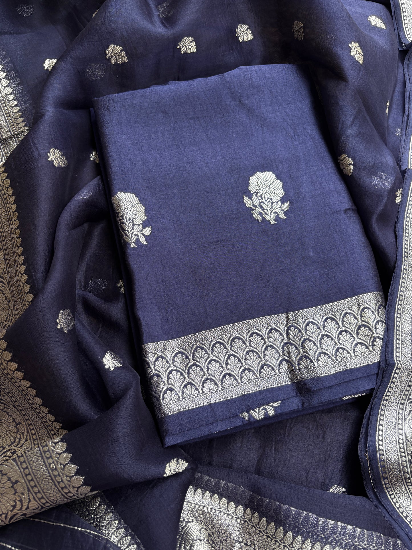 Blue Chiniya kora Chiniya silver zari suit set