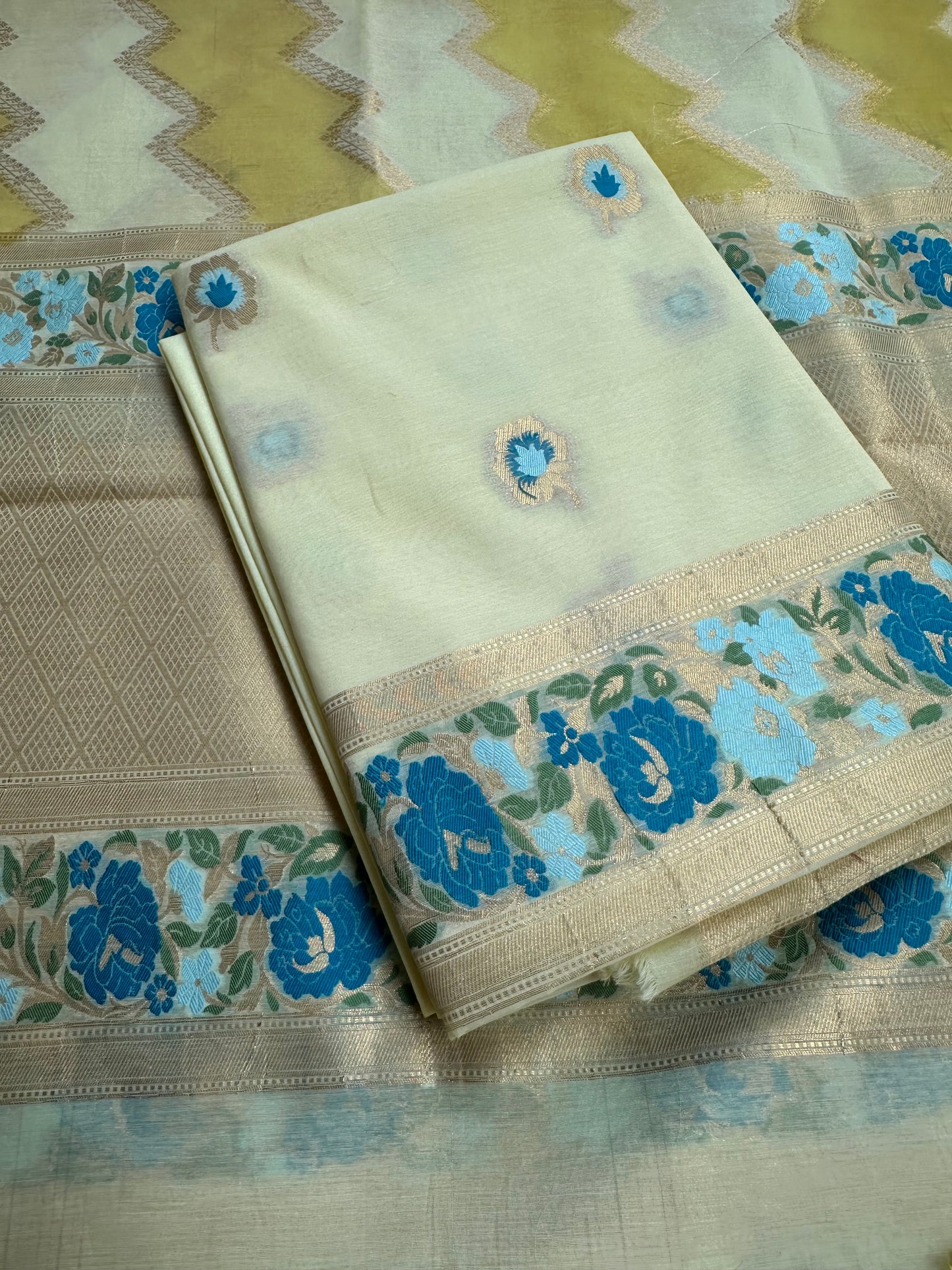 Lime yellow chanderi exclusive weaving 3 piece set