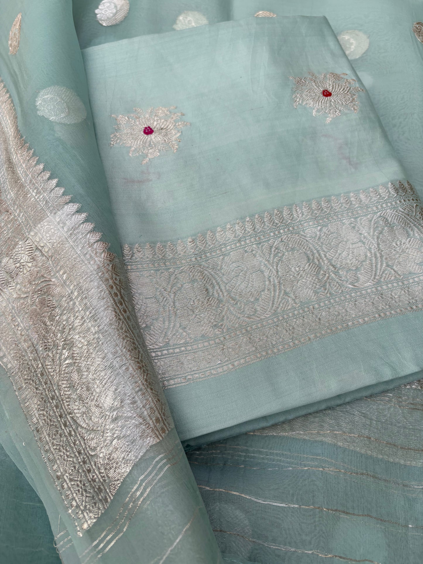 Blue Chiniya kora silver zari 3 piece suit set