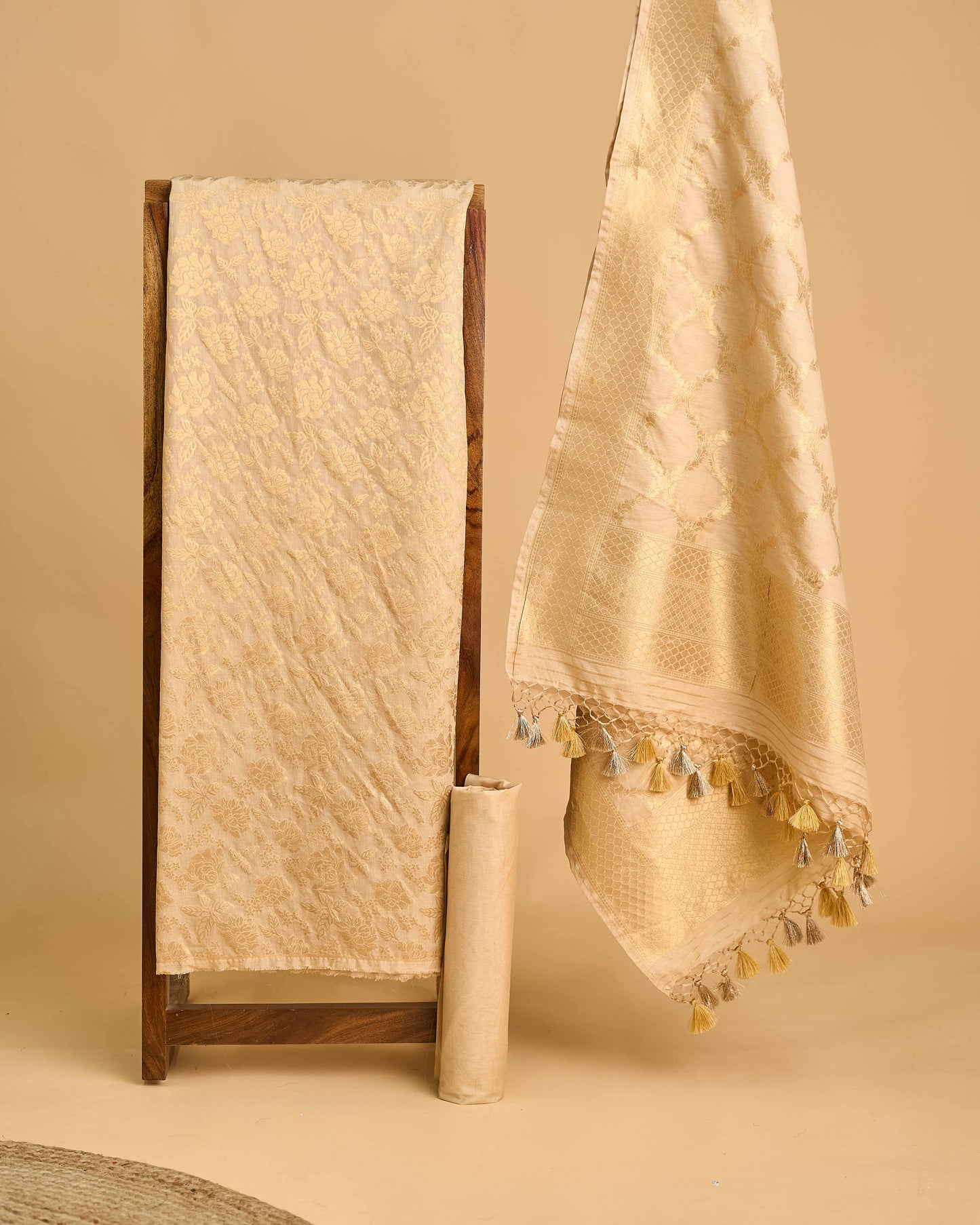 Beige Zari weaving full jaal chanderi 3 piece suit set