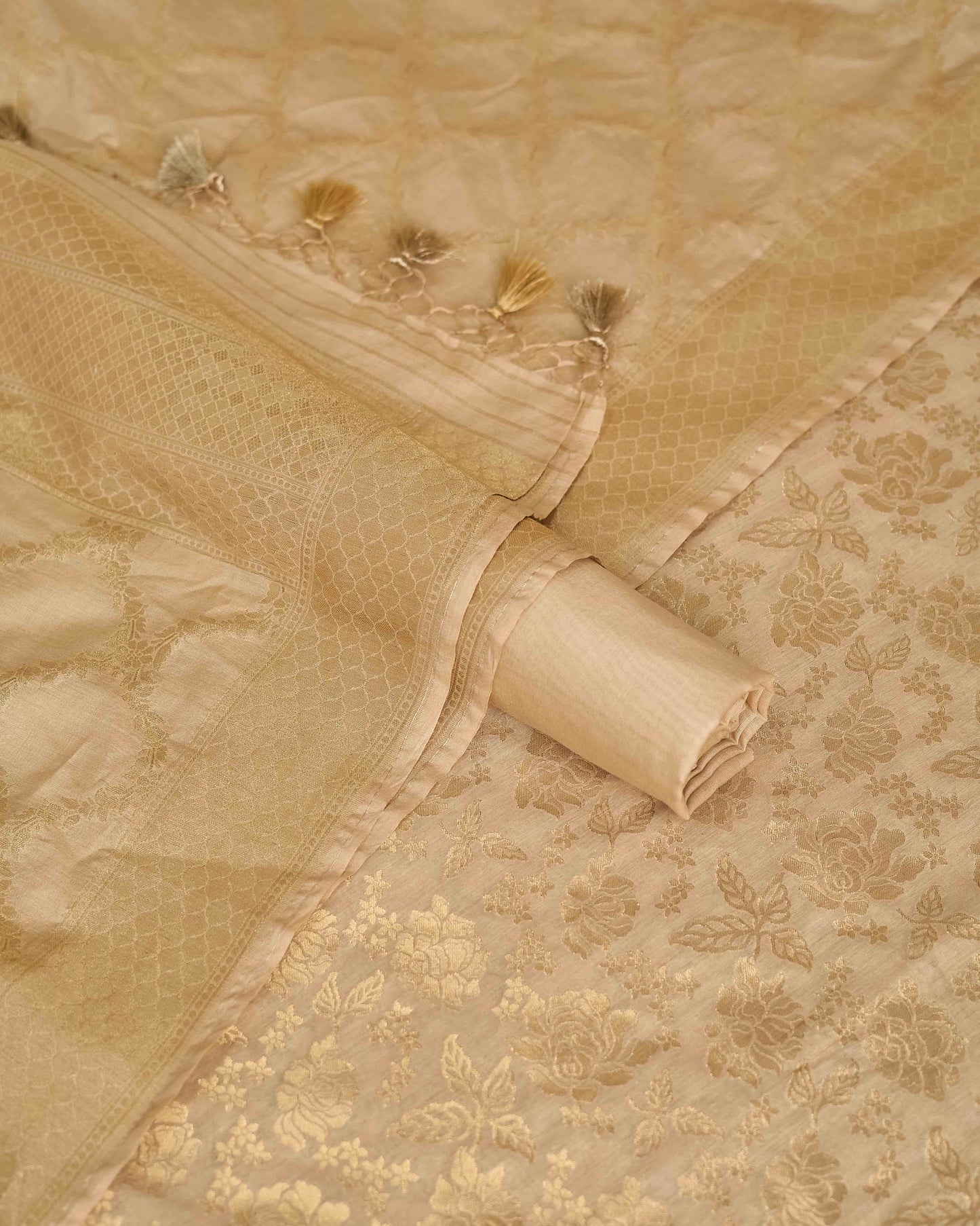 Beige Zari weaving full jaal chanderi 3 piece suit set