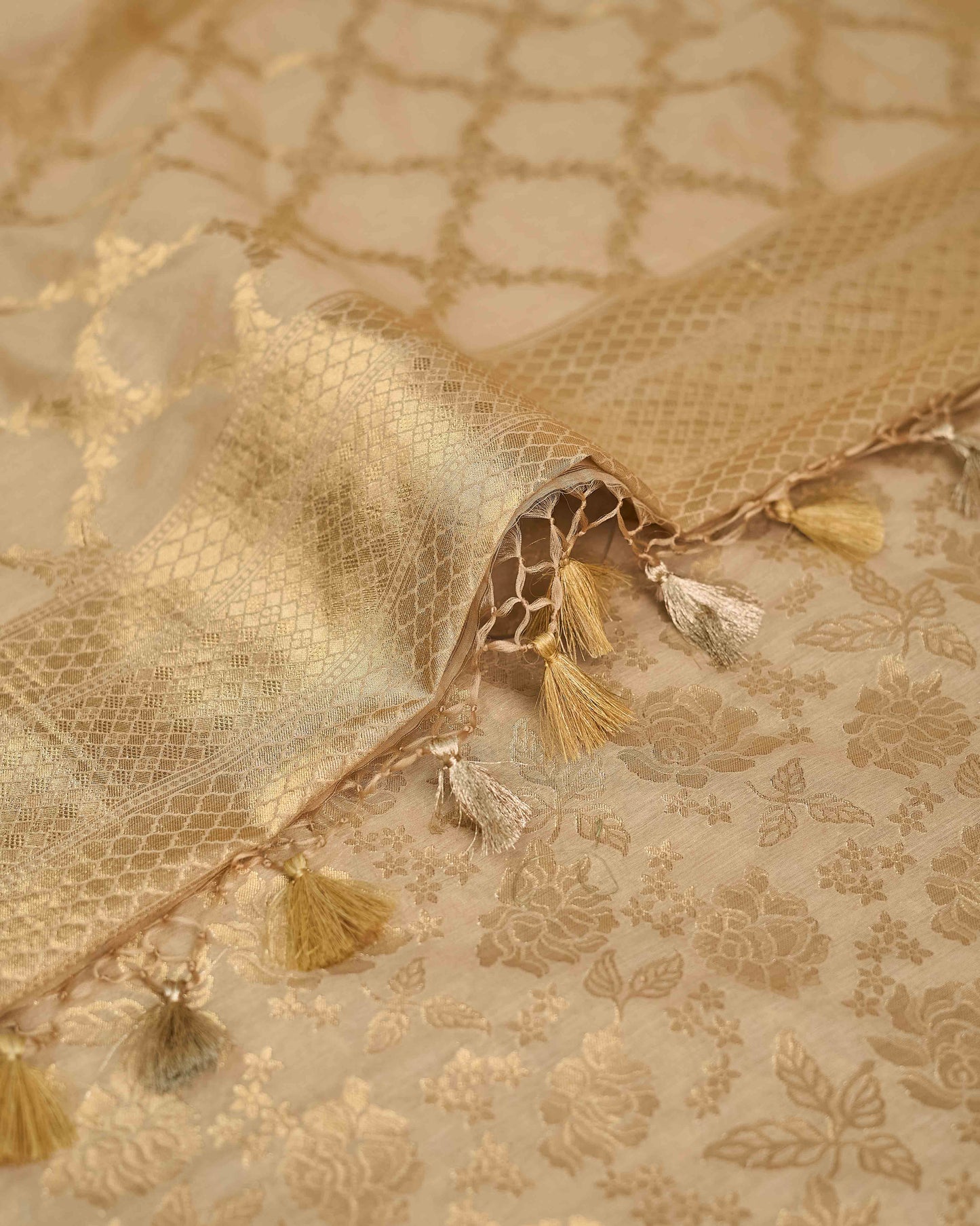 Beige Zari weaving full jaal chanderi 3 piece suit set