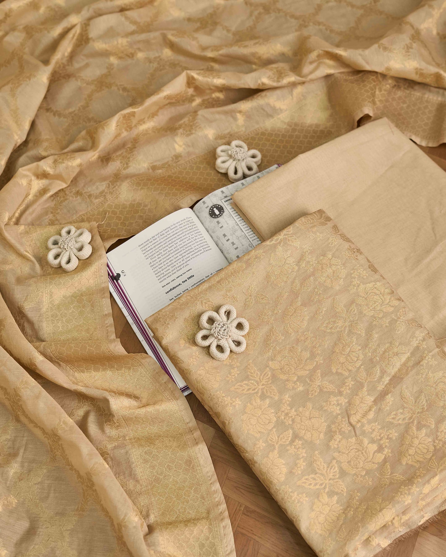 Beige Zari weaving full jaal chanderi 3 piece suit set