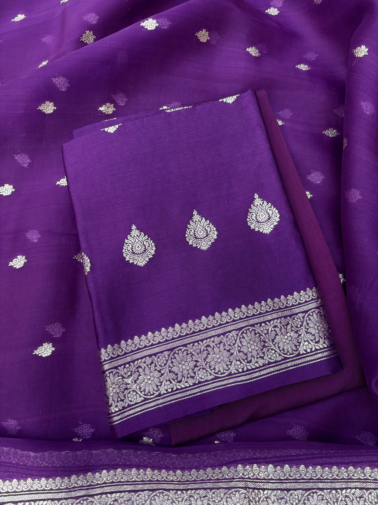 Purple silver zari Chiniya kora silk suit set