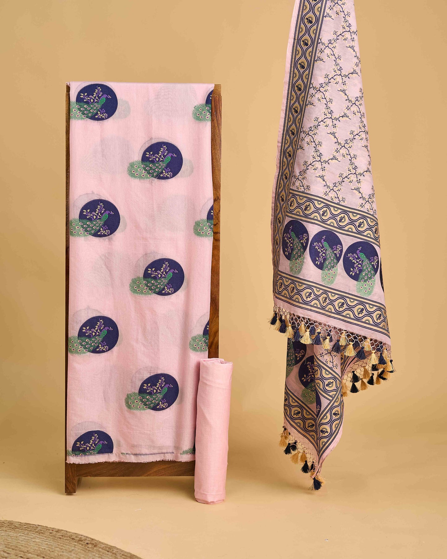 Pink Chanderi peacock design kurta, jaal dupatta, plain bottom