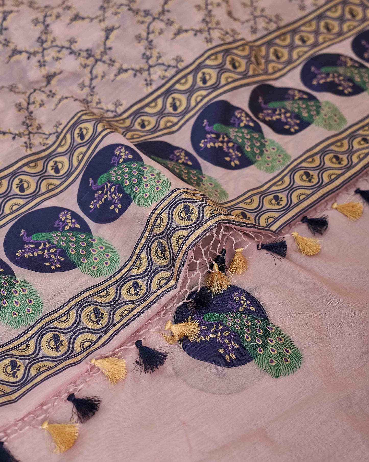Pink Chanderi peacock design kurta, jaal dupatta, plain bottom
