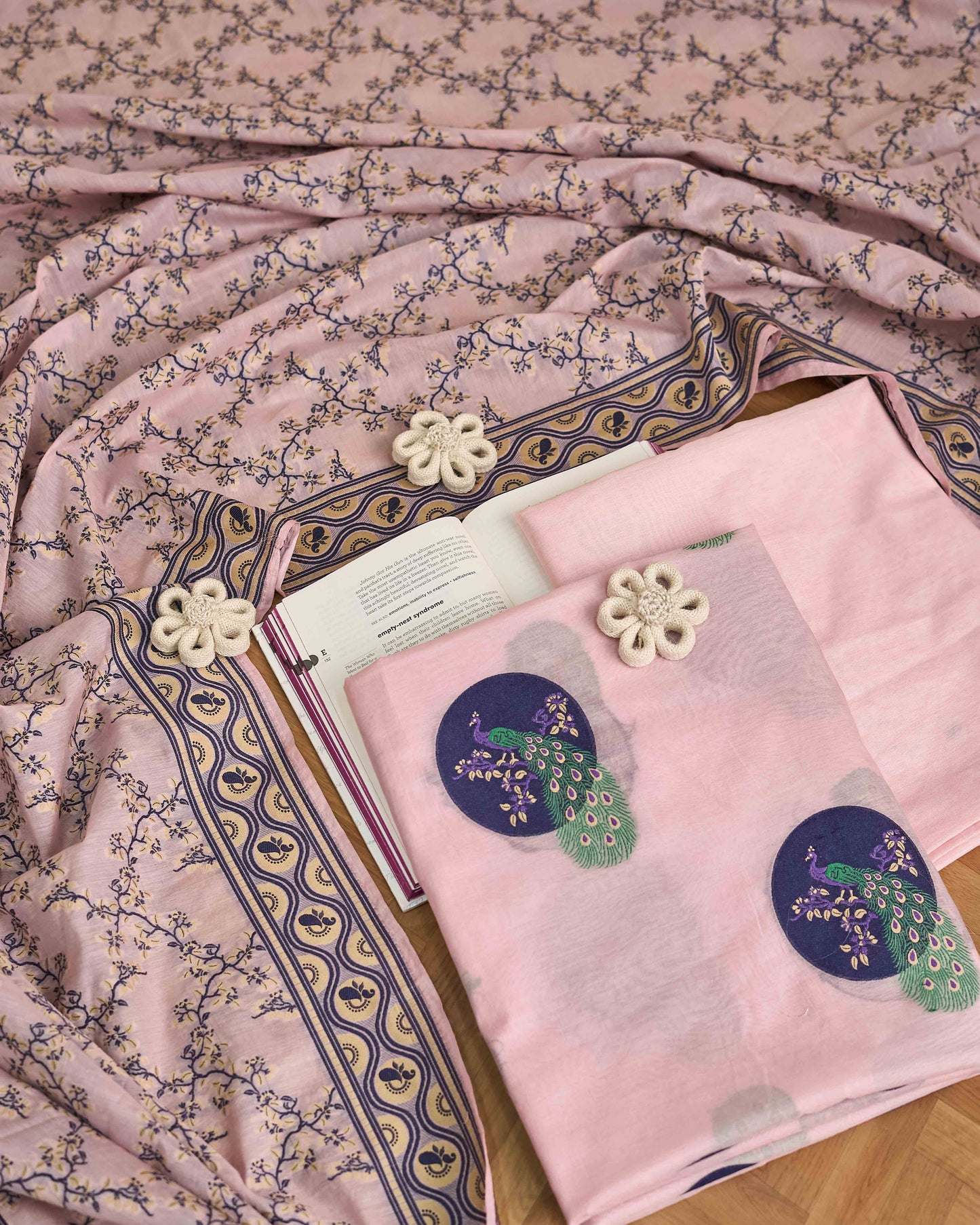 Pink Chanderi peacock design kurta, jaal dupatta, plain bottom