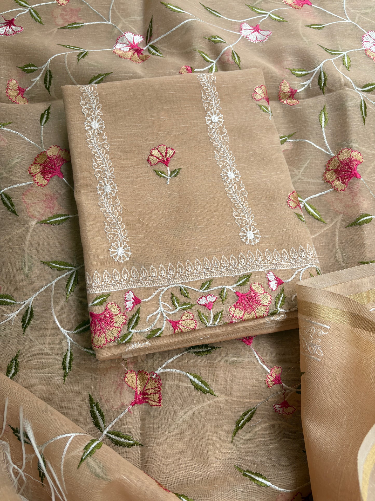 Nude beige cotton linen 3 piece suit set