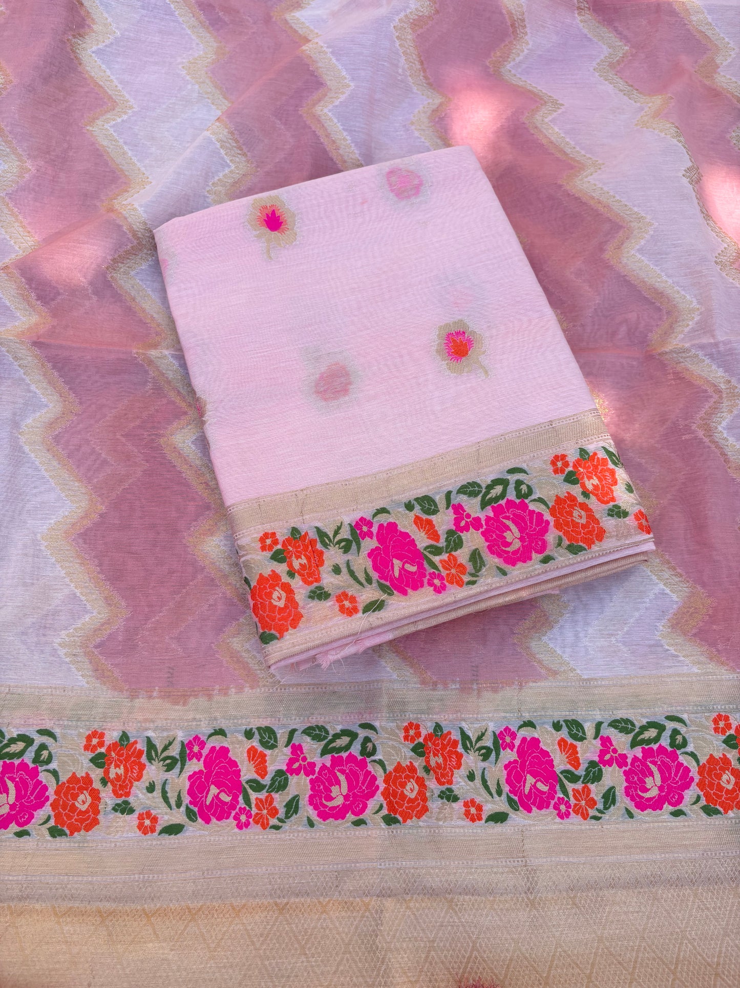 Pink meenadar Chanderi cotton 3 piece suit set