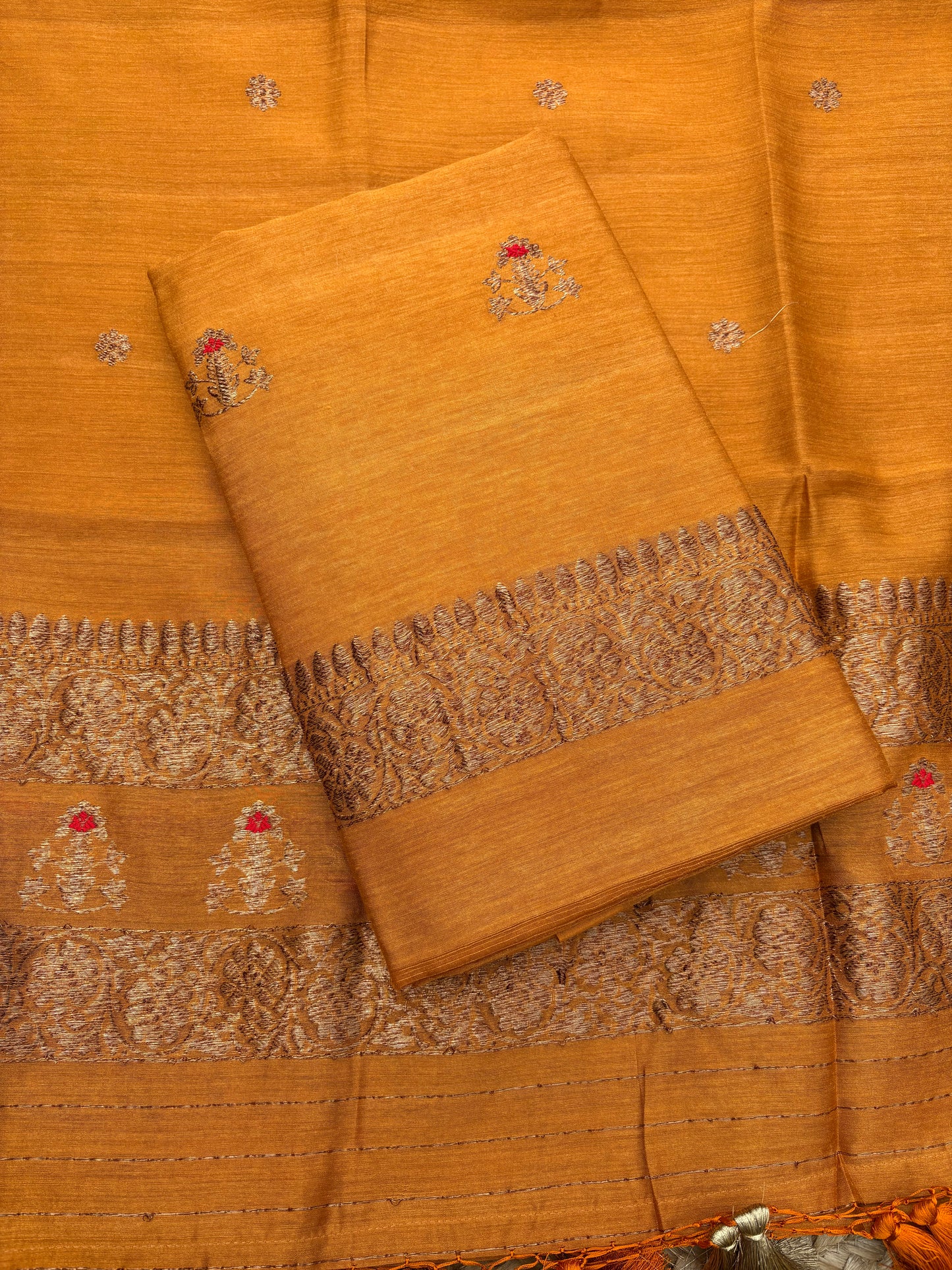 Mustard moonga silk meenadar kadhwa 3 piece suit set