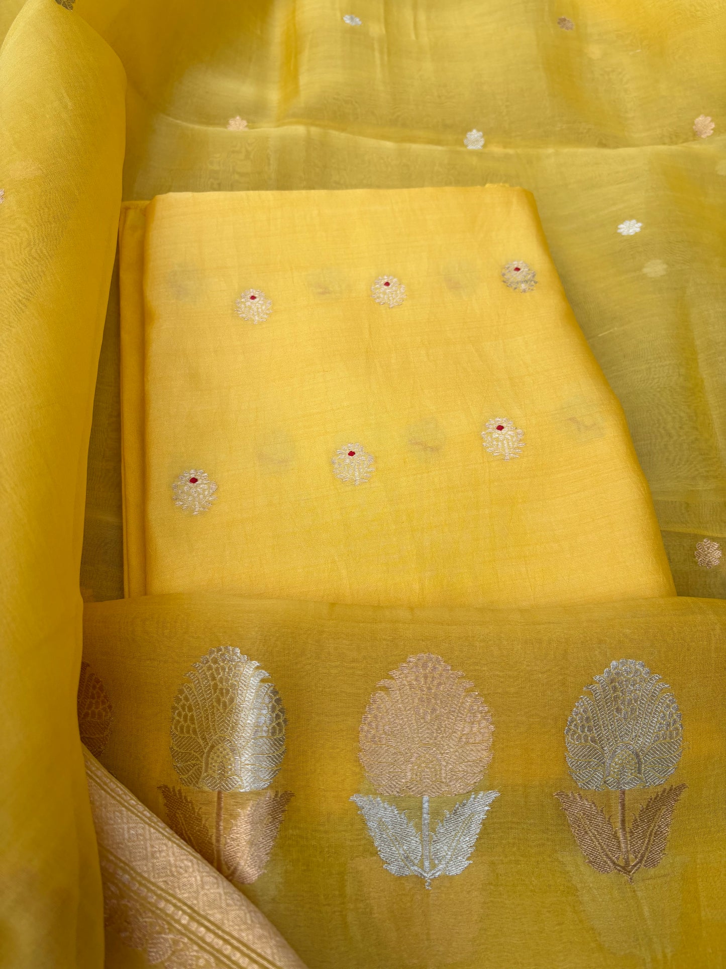 Yellow Chiniya silk kurta, kora silk dupatta , plain bottom