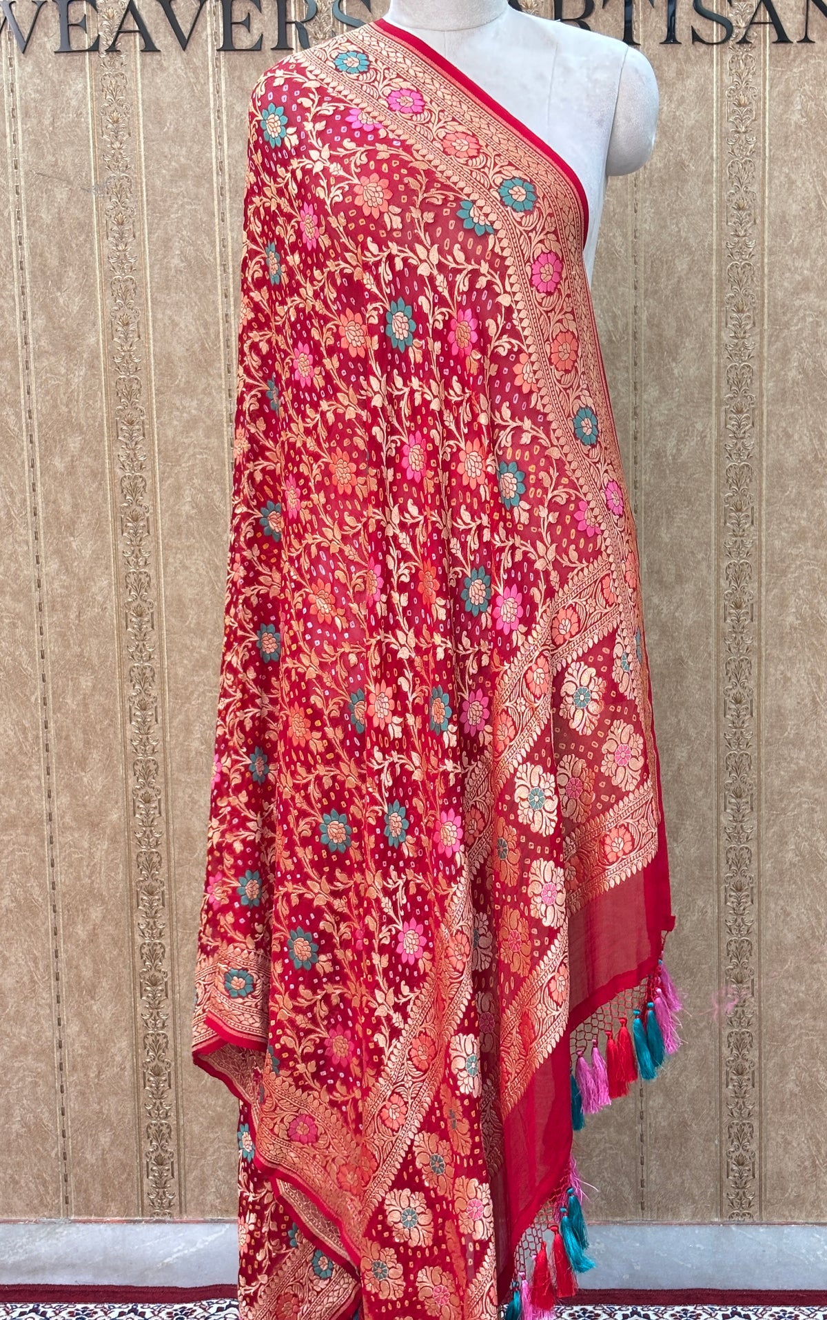 Red khaddi georgette bandhani dupatta