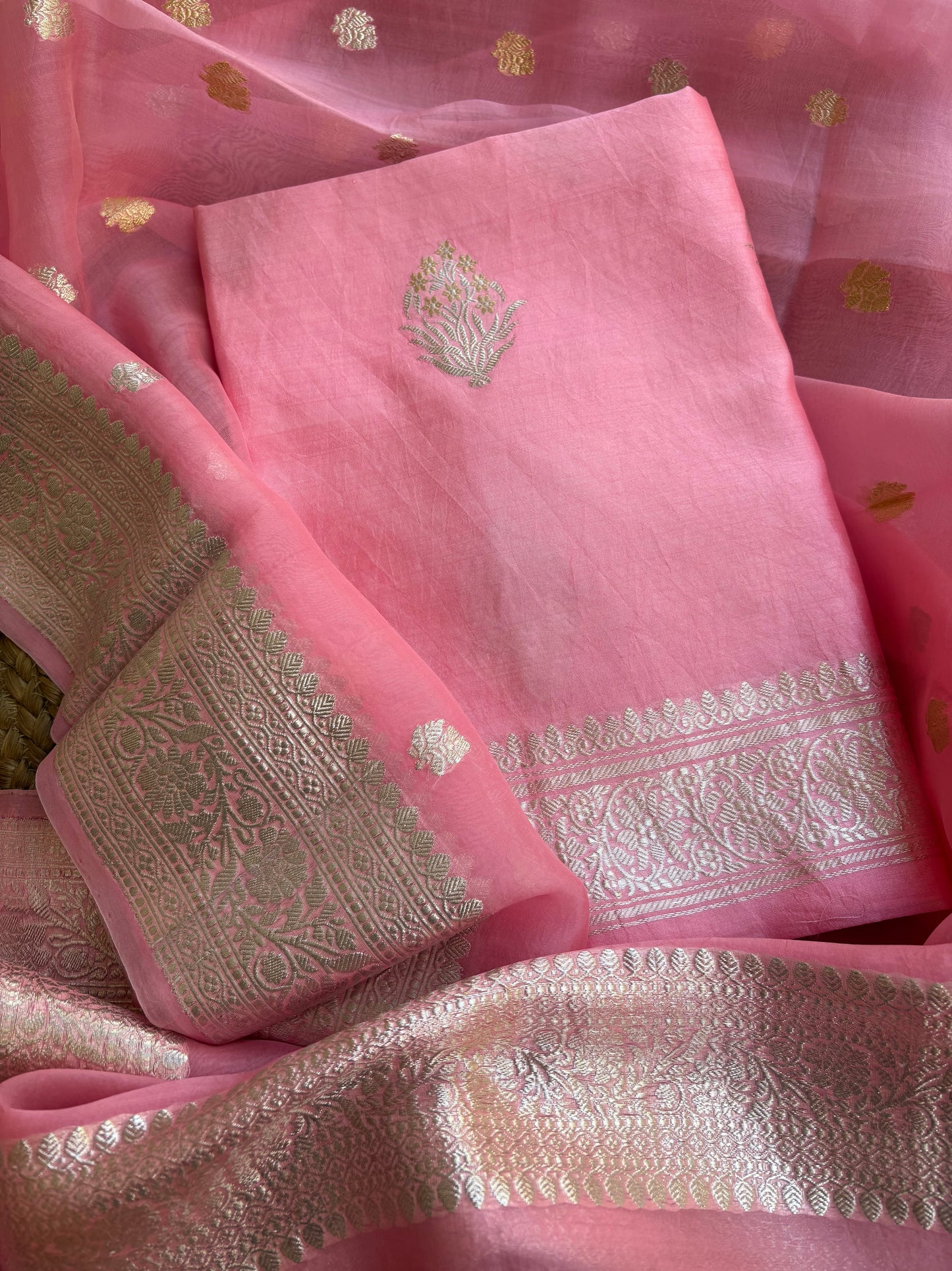 Pink pure silver zari chiniya kurta, kora dupatta, plain silk bottom.