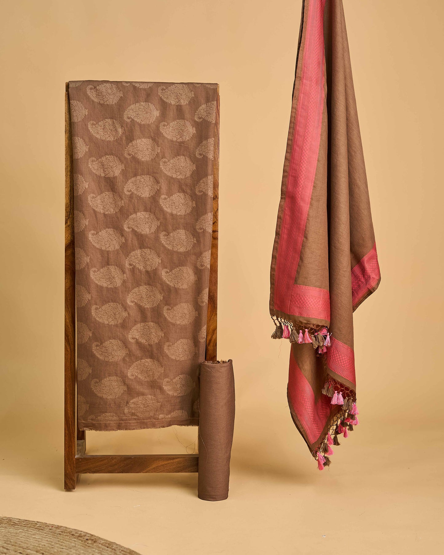 Brown cotton self woven kurta, plain dupatta with pink border, plain bottom