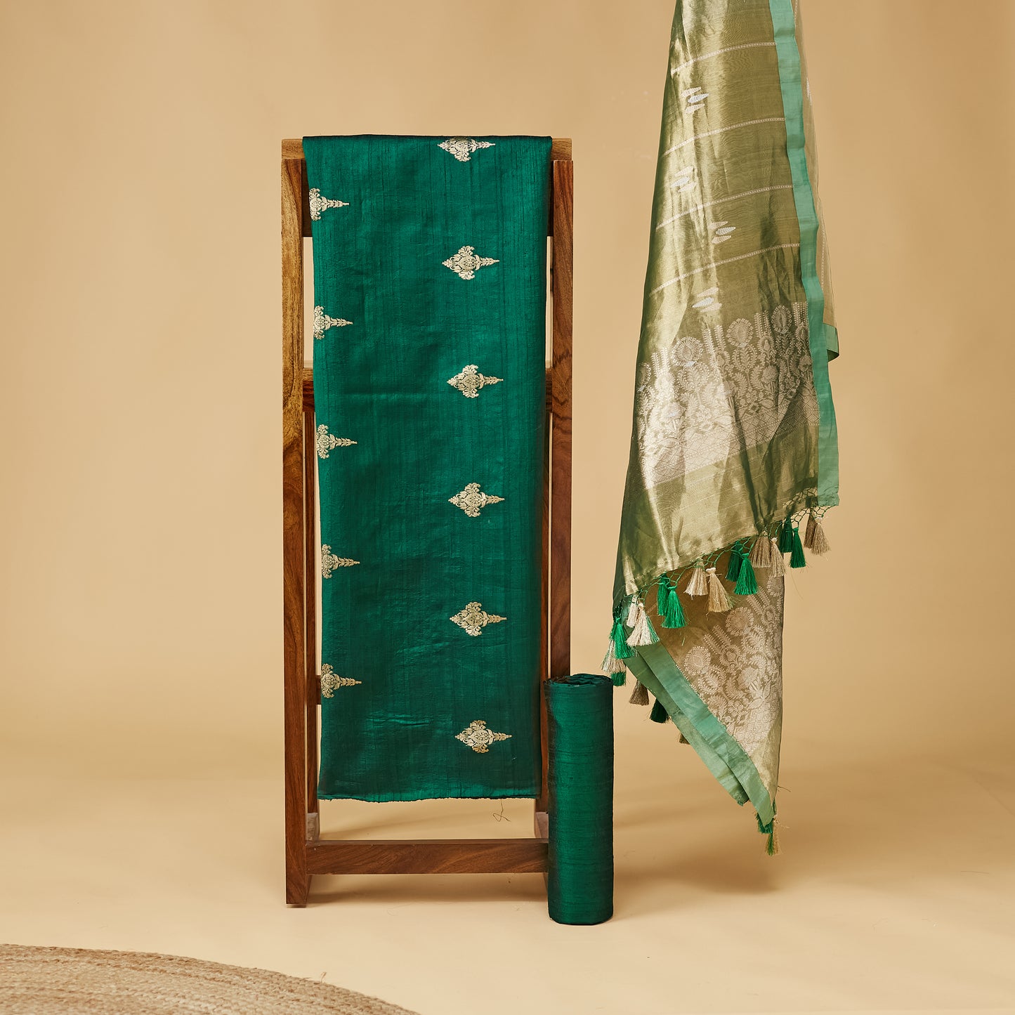 Green raw silk kurta, raw silk bottom , tissue kadhwa dupatta