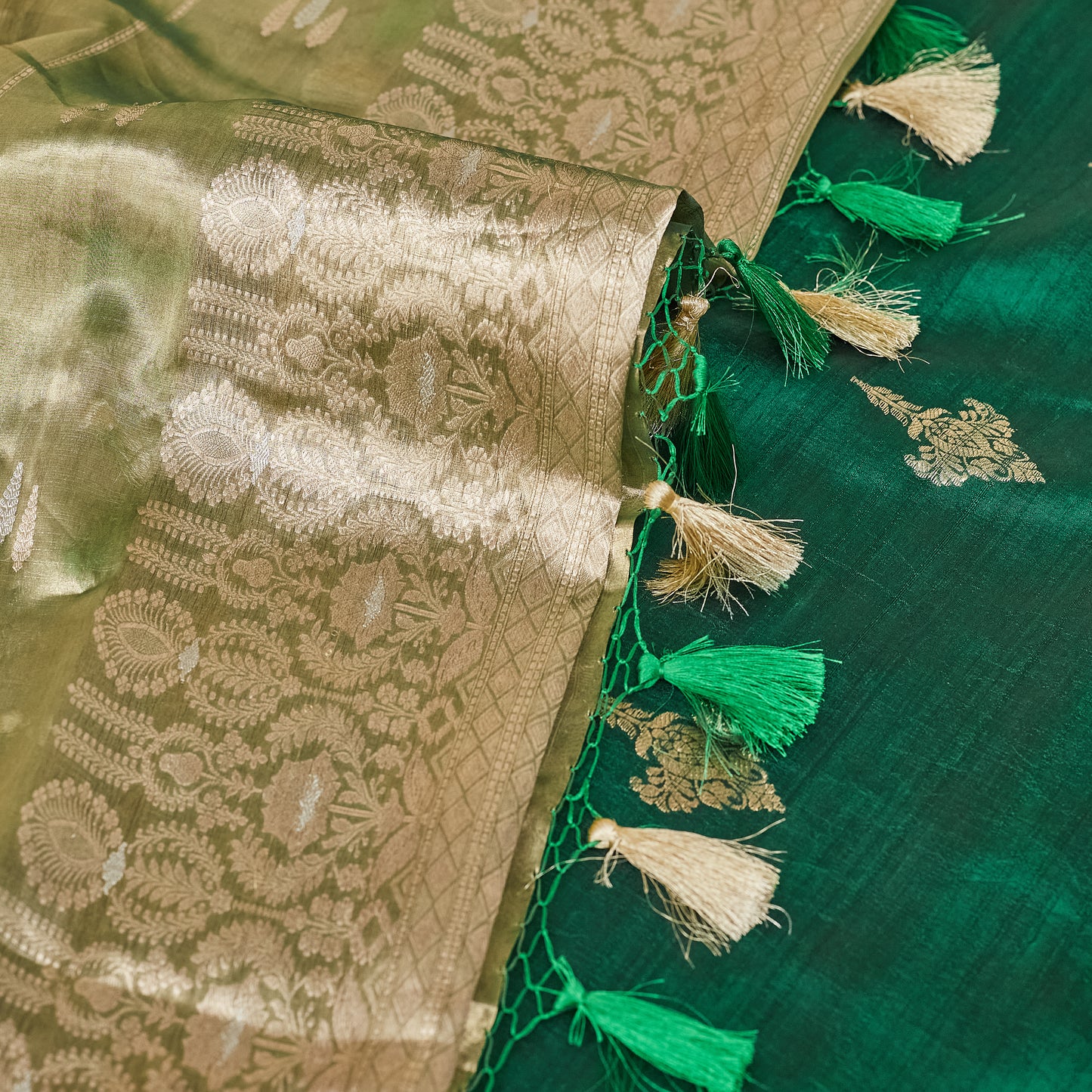 Green raw silk kurta, raw silk bottom , tissue kadhwa dupatta